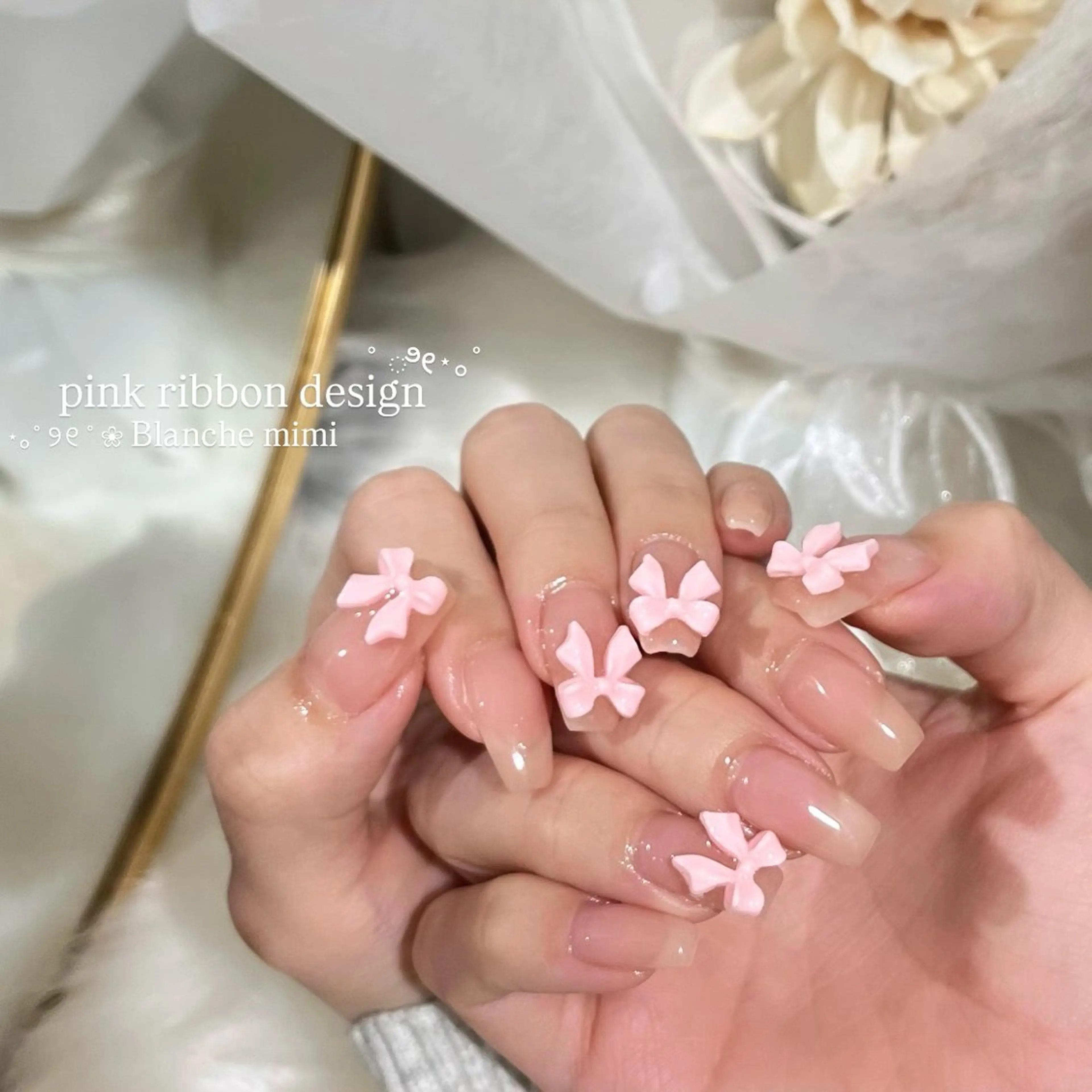 ネイル リボン ハンドネイル Blanche mimi.u_aのネイルデザイン