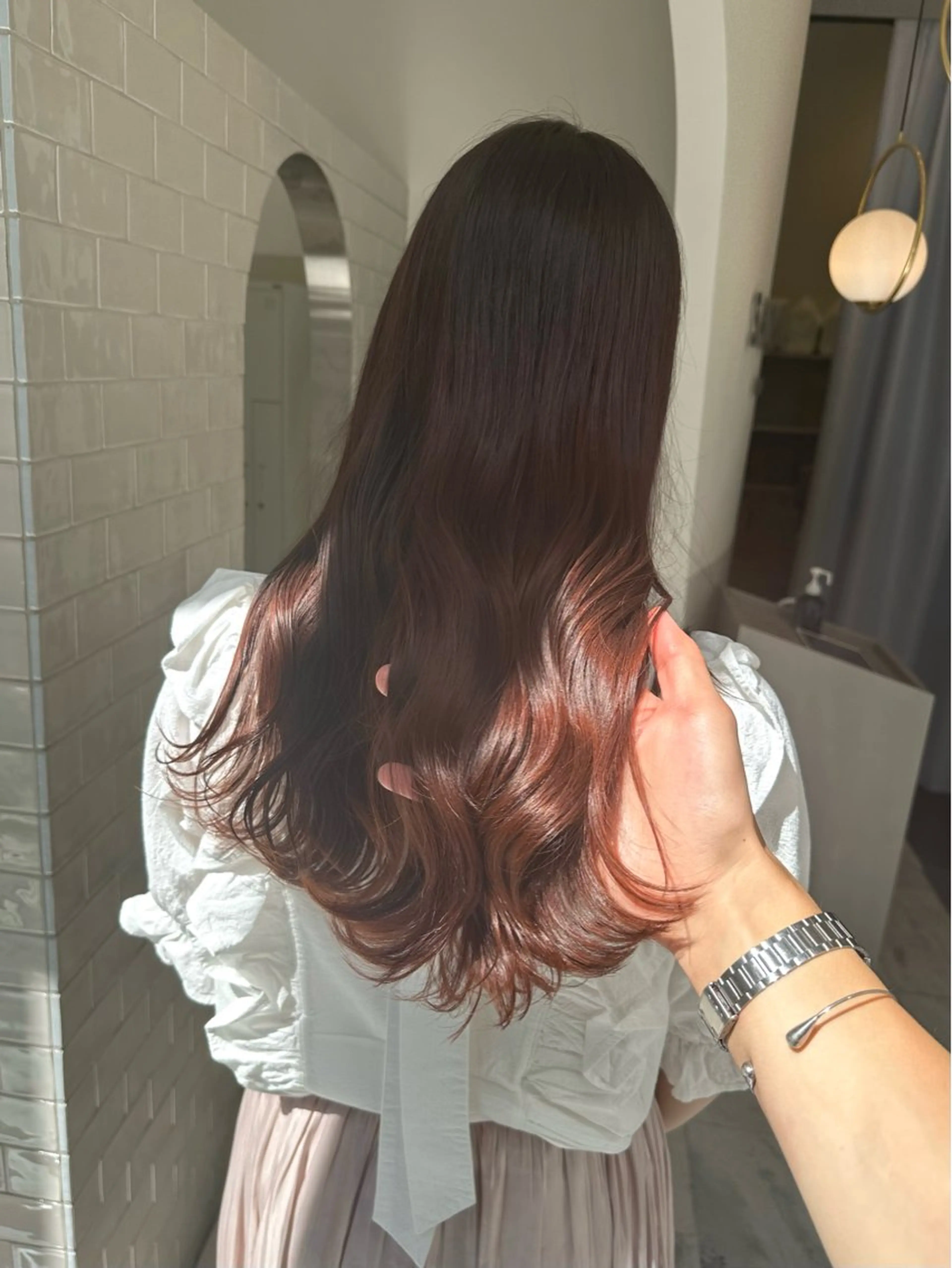 ロング カラー ブリーチ ブラウンカラー ブリーチなしカラー ピンクカラー ピンクブラウン LUMO所属・矢野 晃平のヘアスタイル