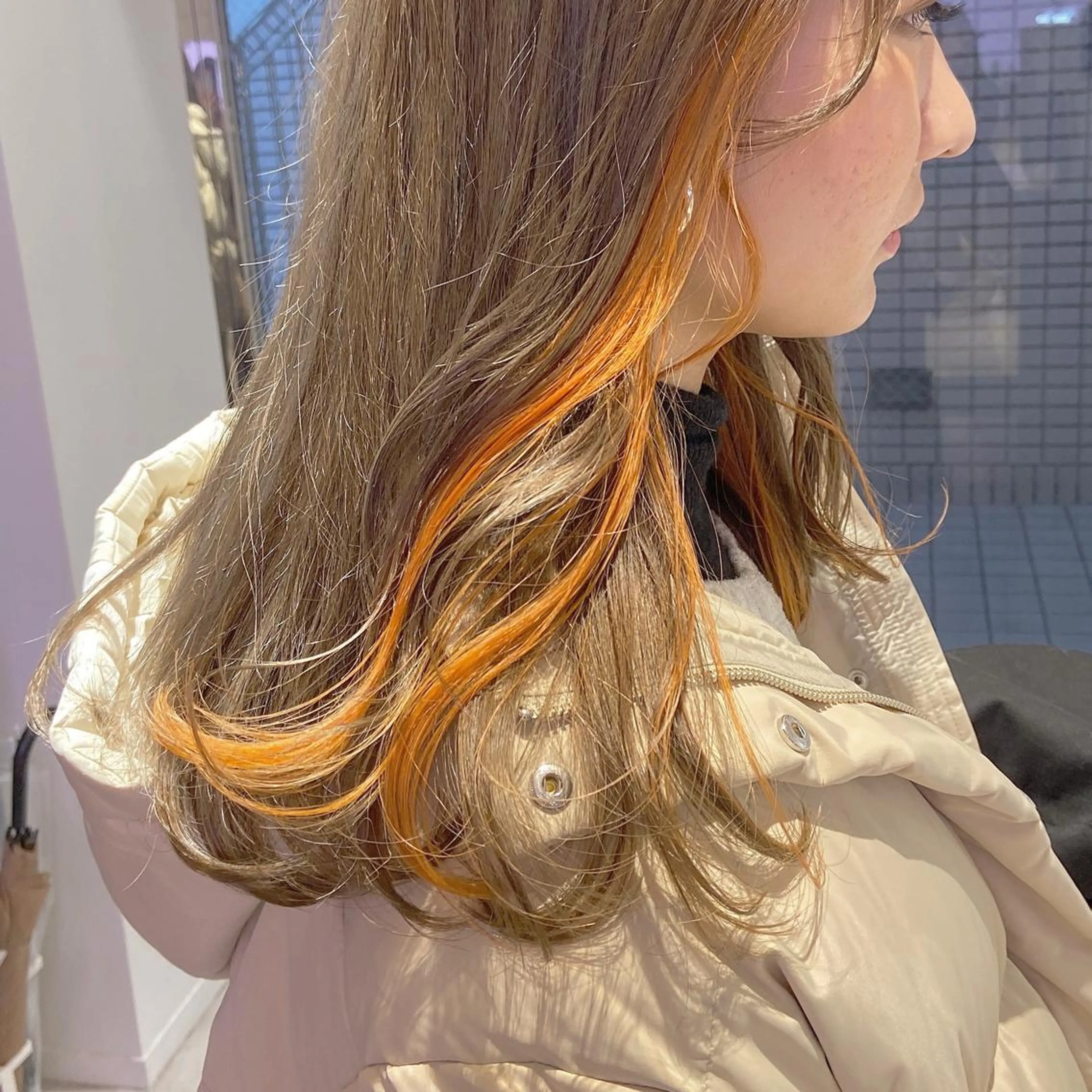 ロング カラー ヘアアレンジ オレンジ 天神レイヤーカット No.1💖マユカのヘアスタイル