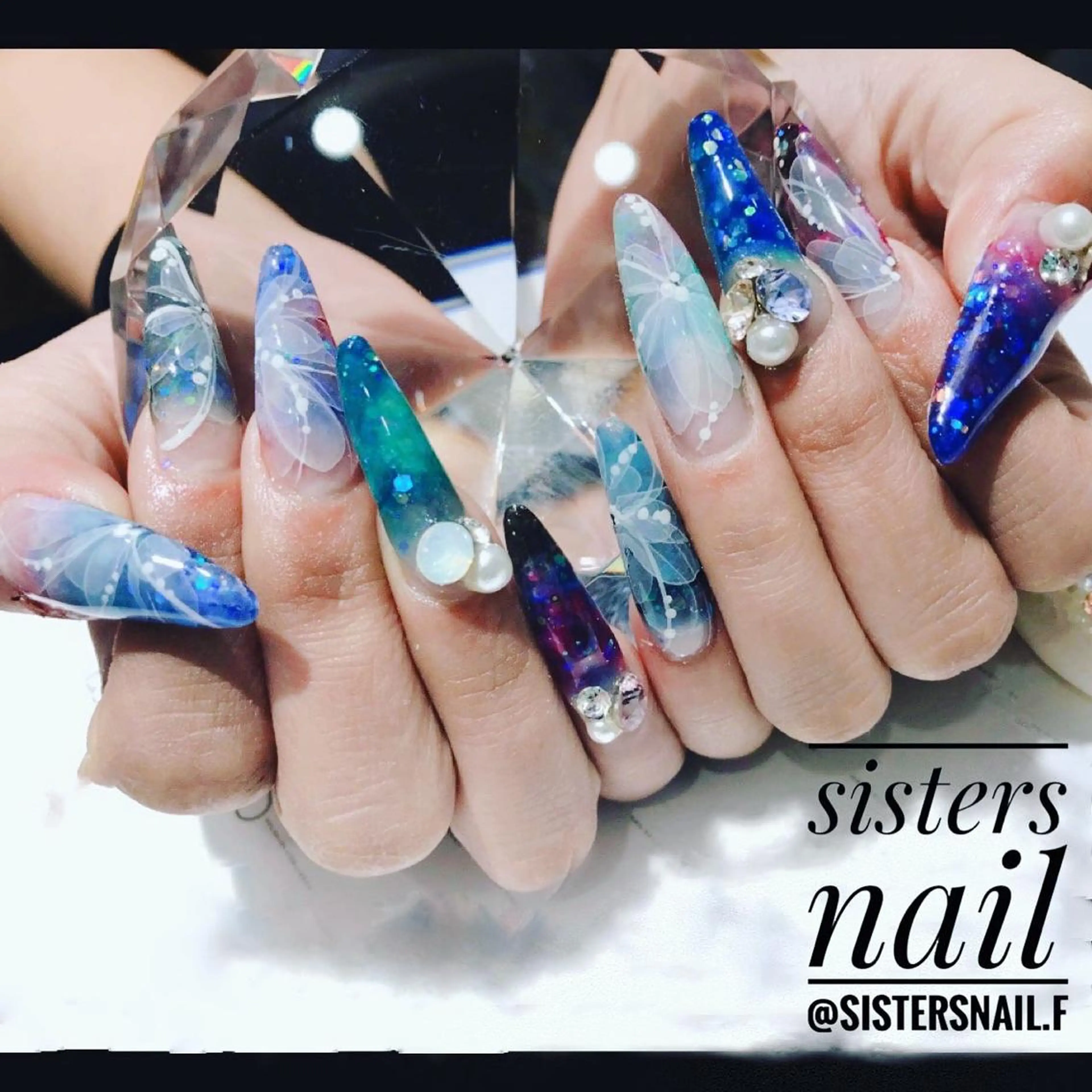 ネイル アートネイル ブルー クリアネイル 成人式 フラワーネイル sisters nail.fのネイルデザイン