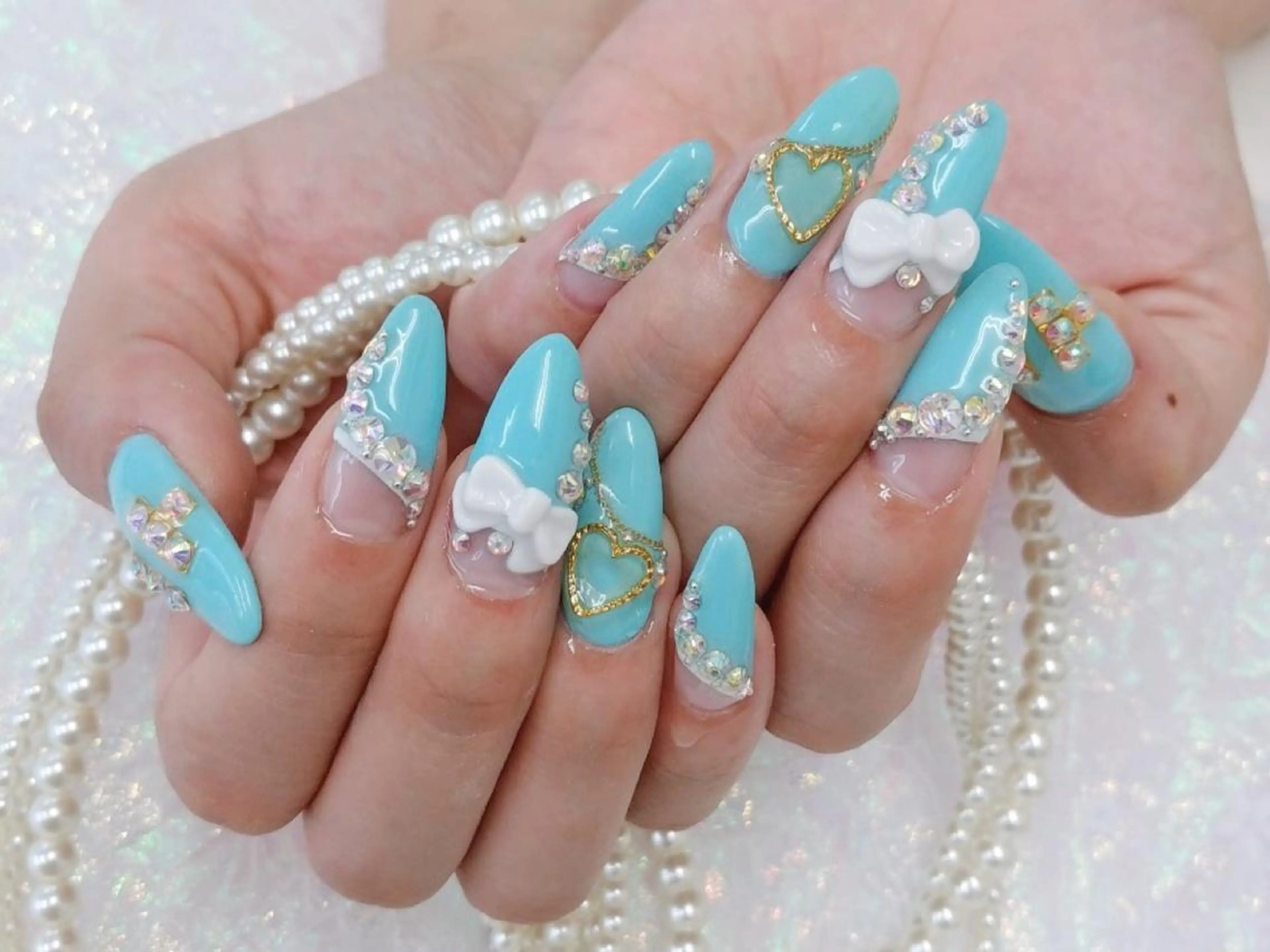 ネイル ブルー リボン ハンドネイル Nail lieNのネイルデザイン