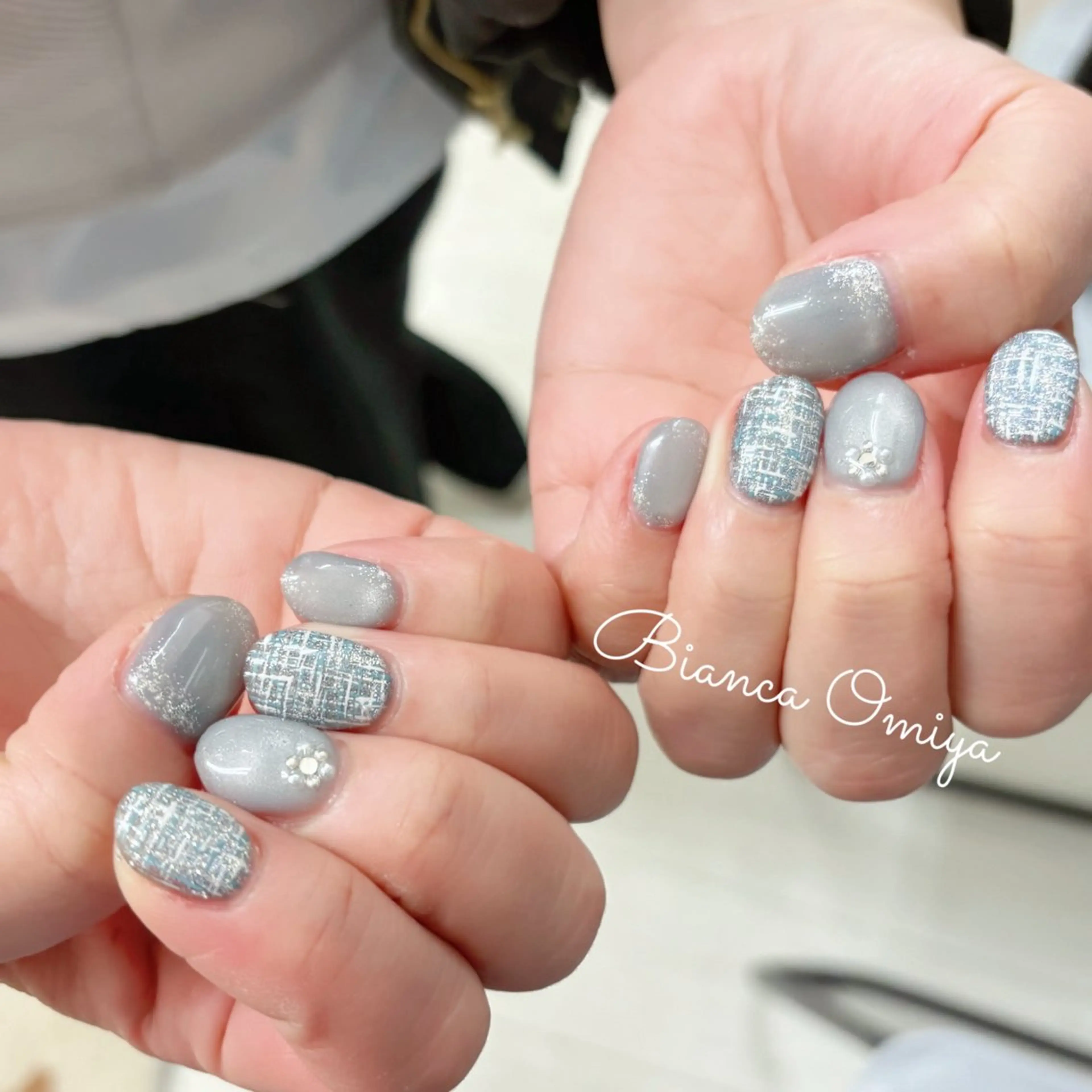 ネイル ブルー ツイードネイル ハンドネイル Bianca大宮店 上野のネイルデザイン