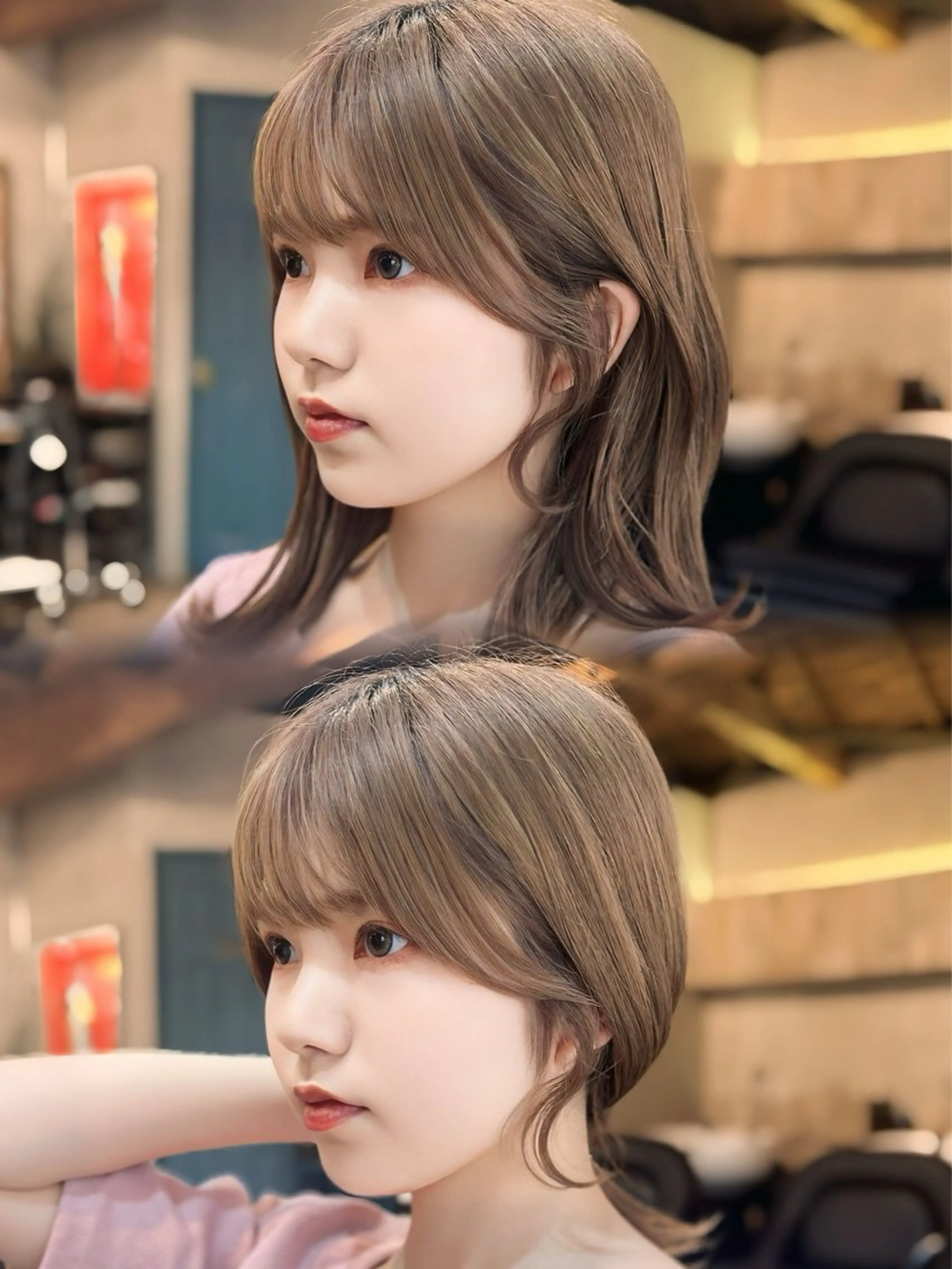 ミディアム カラー ヘアアレンジ ボブレイヤー ベージュカラー 透明感カラー グレージュ イルミナカラー カット 縮毛矯正 顔周りカット 【オノザワリョウ】のヘアスタイル