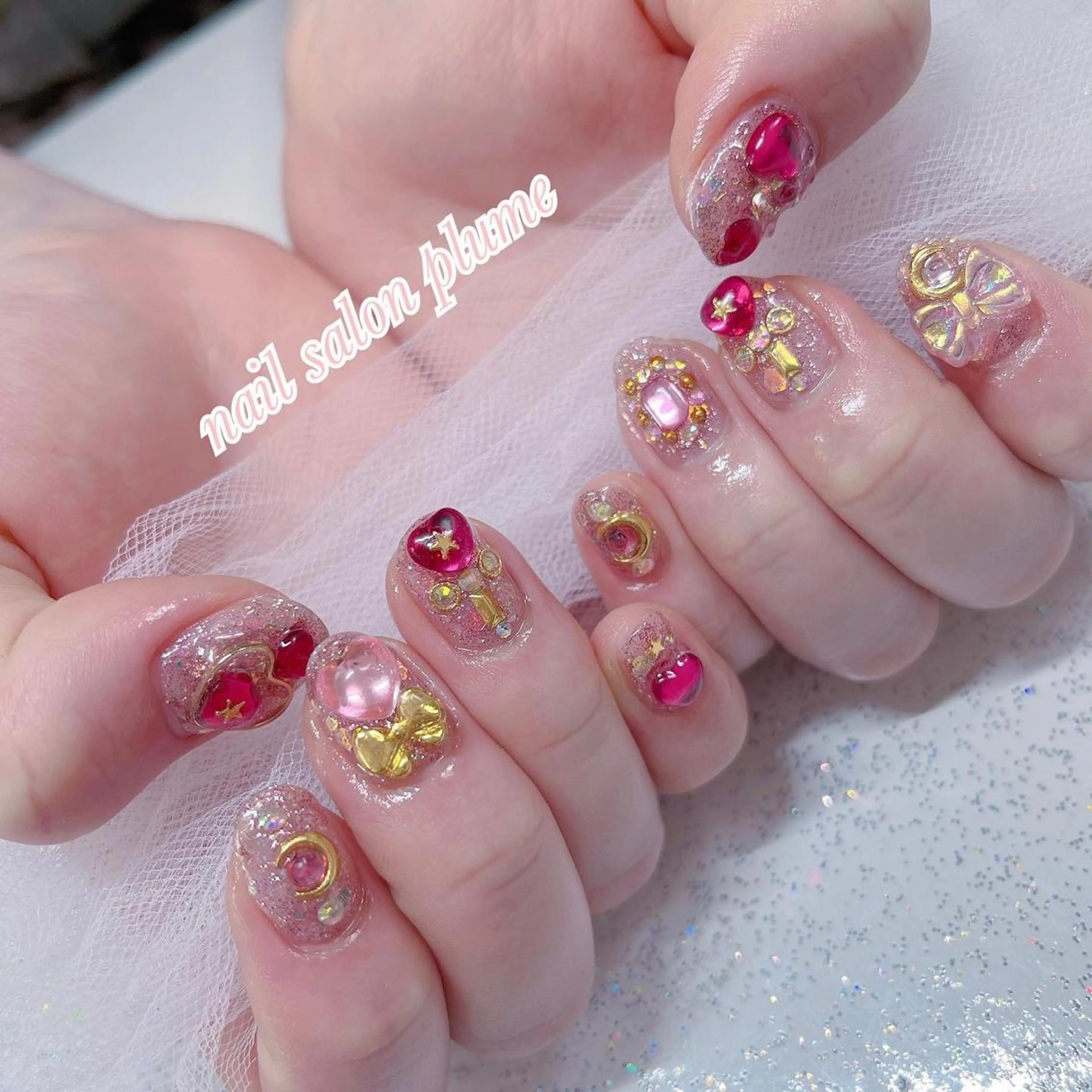 ネイル アートネイル ガーリー ハート キラキラネイル 韓国ネイル ハンドネイル plume nail ☆韓国ネイルのネイルデザイン