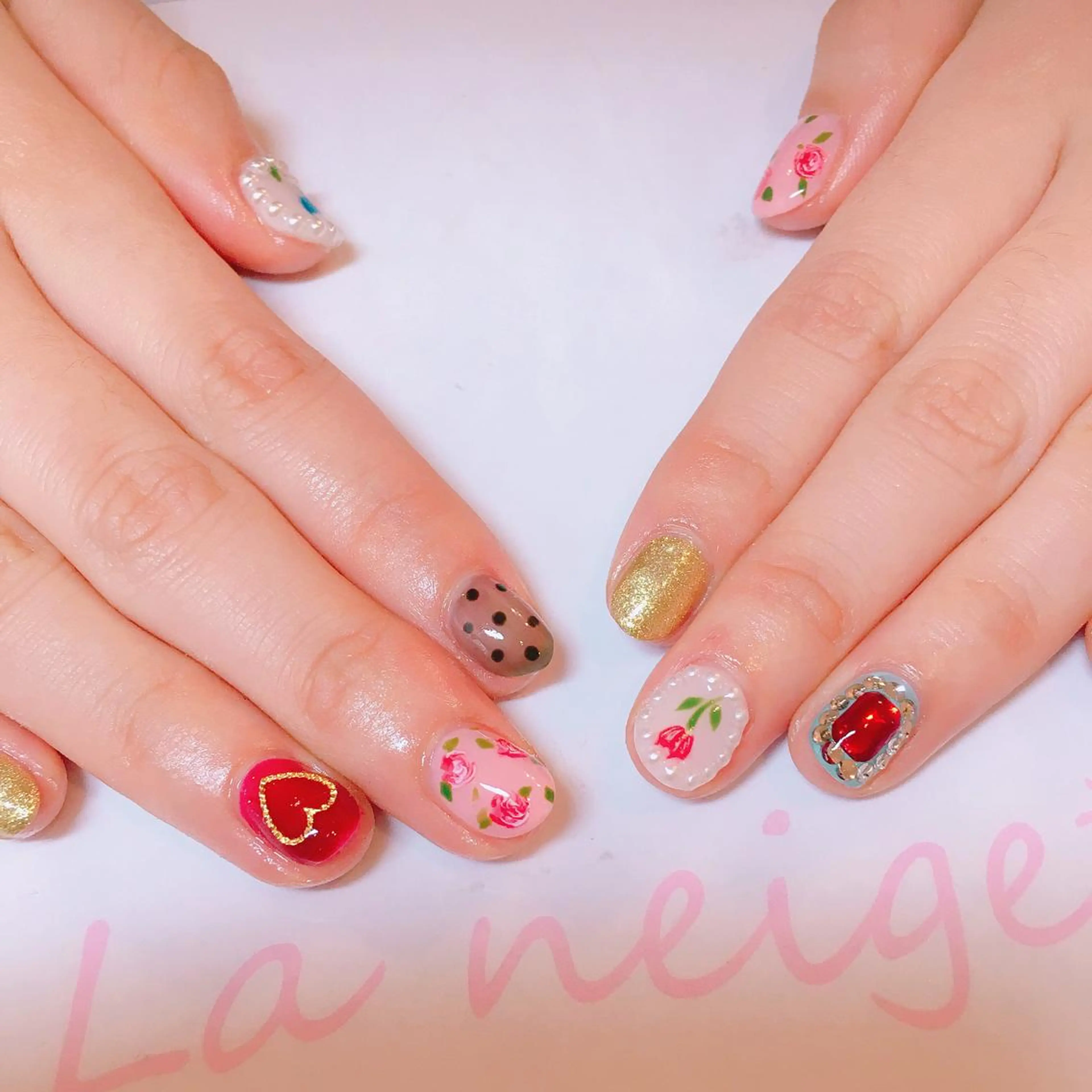 ネイル ハート 赤色 La neige* yuki 🐩🌙のネイルデザイン