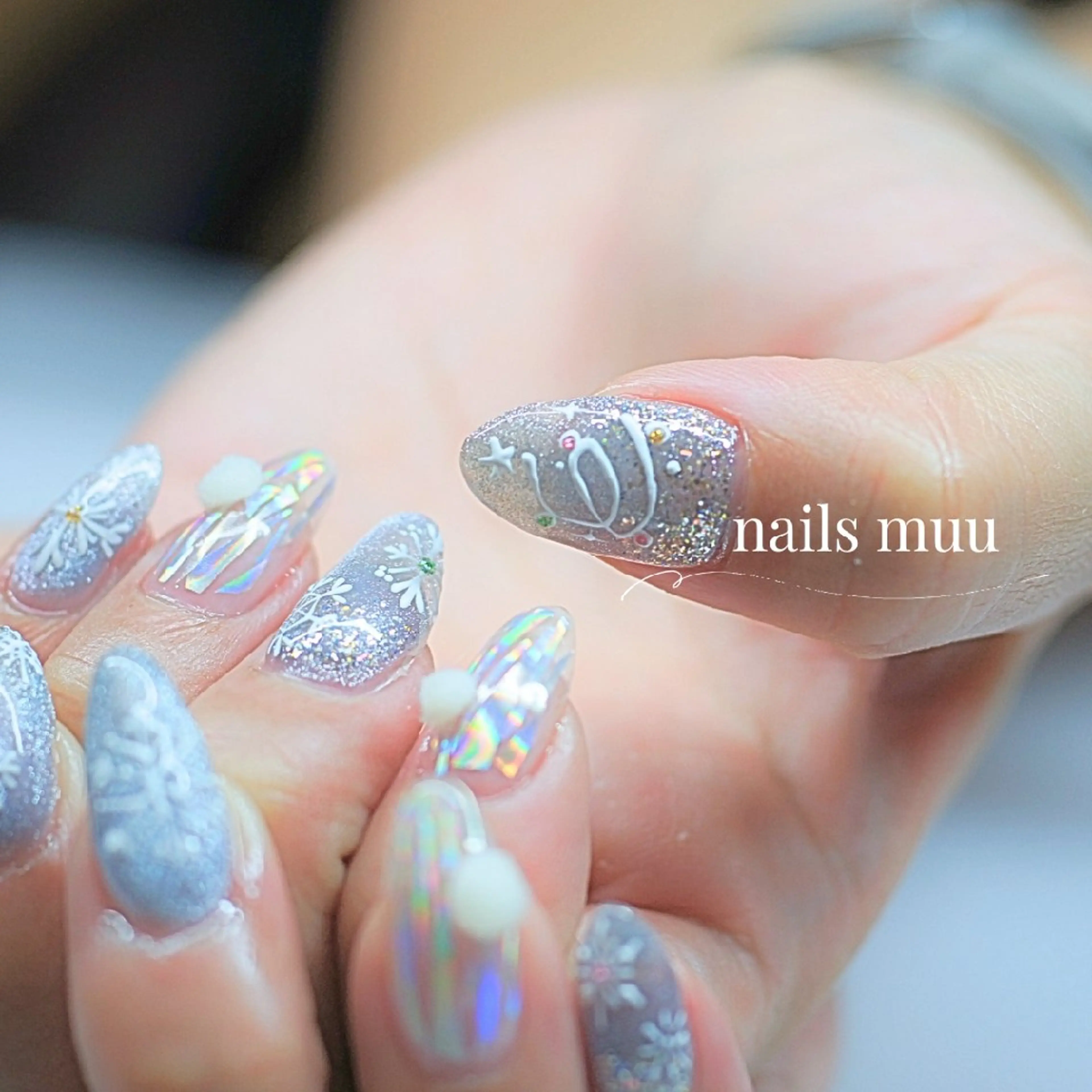 ネイル ブルー マグネットネイル オフィスネイル 冬ネイル クリスマス ハンドネイル nails muu まゆのネイルデザイン