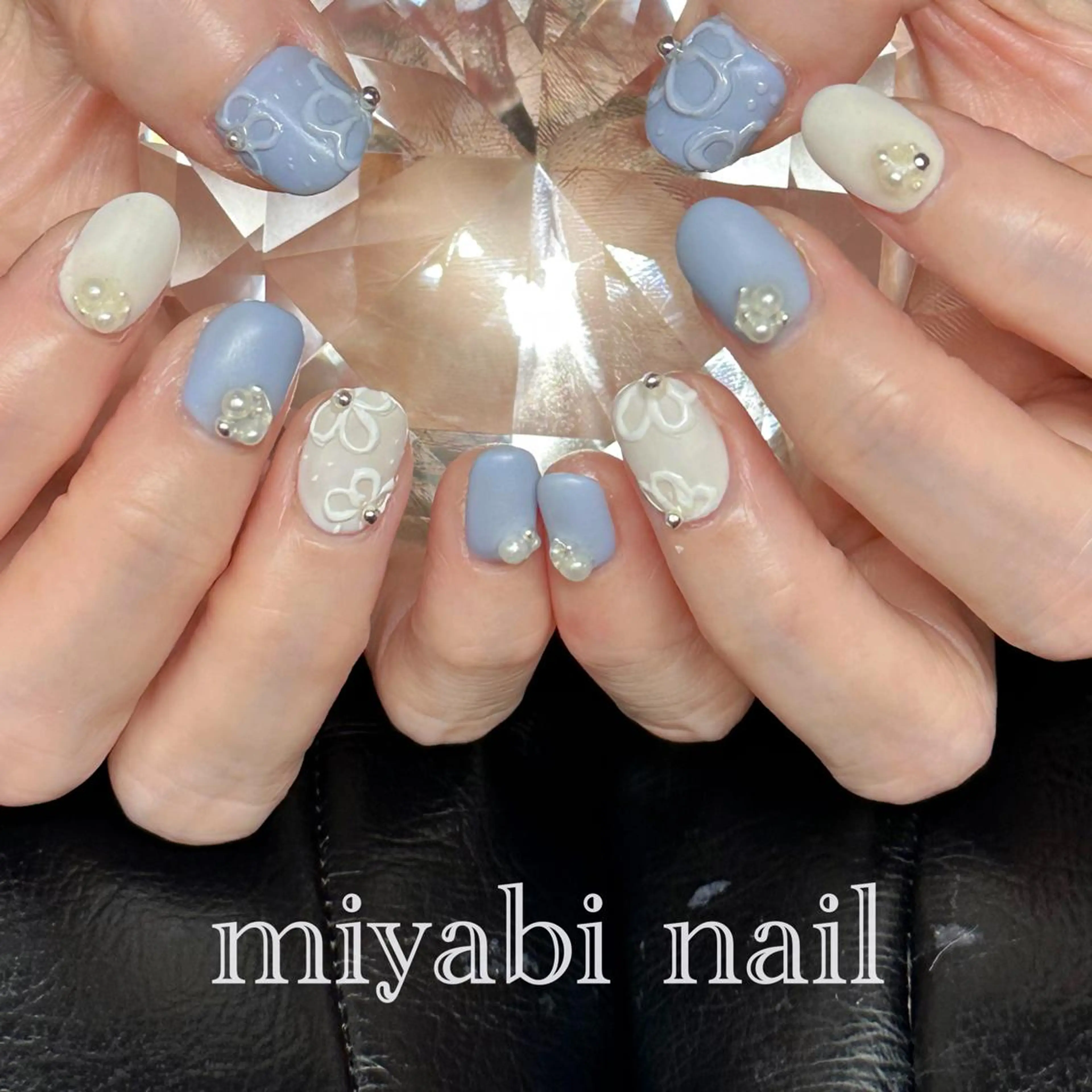ネイル ブルー フラワーネイル ジェルネイル マットネイル 持ち込み ハンドネイル miyabi nail 桂川駅近くのネイルデザイン
