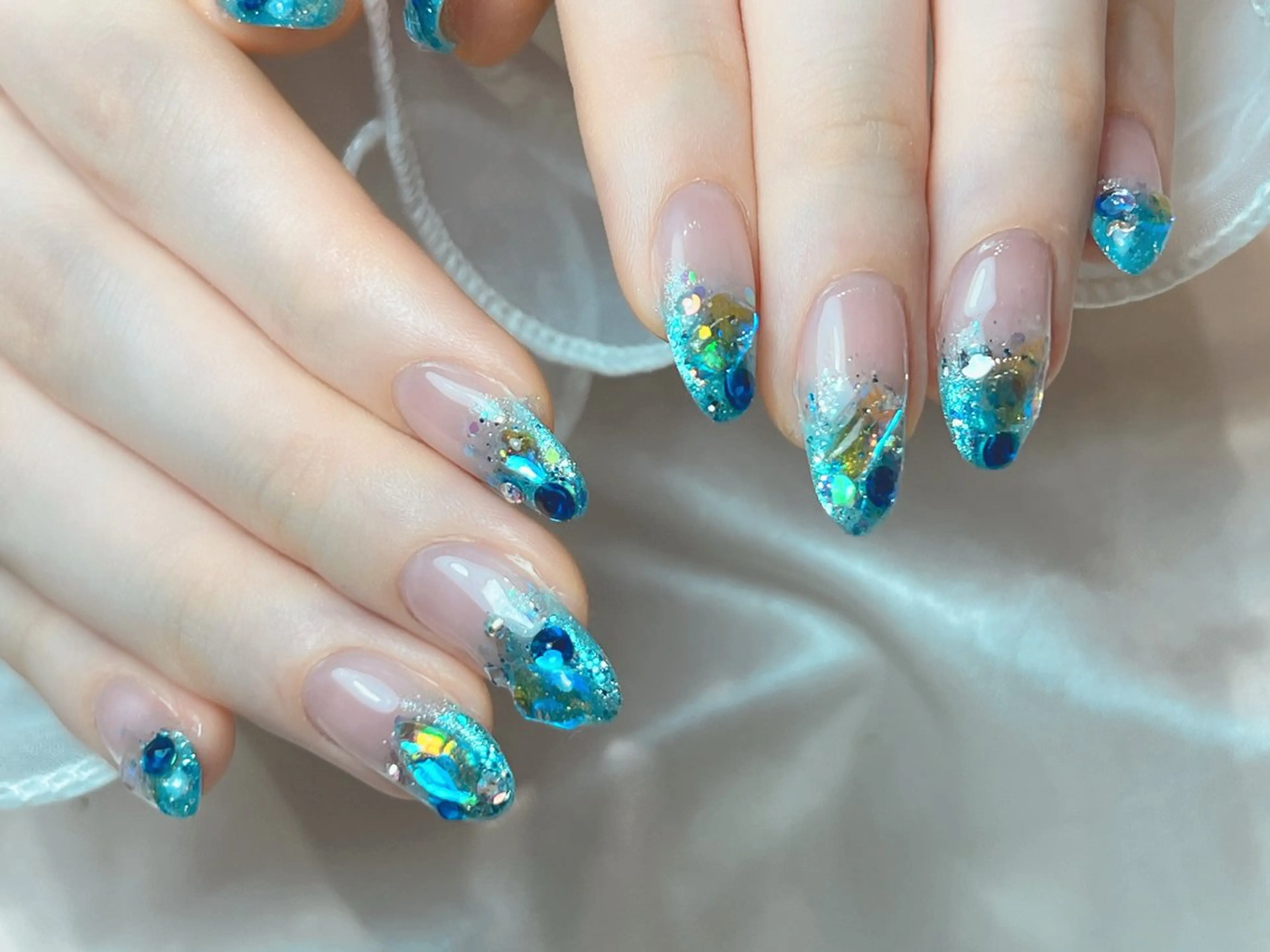 ネイル ブルー 夏ネイル bijou nails　蓮のネイルデザイン