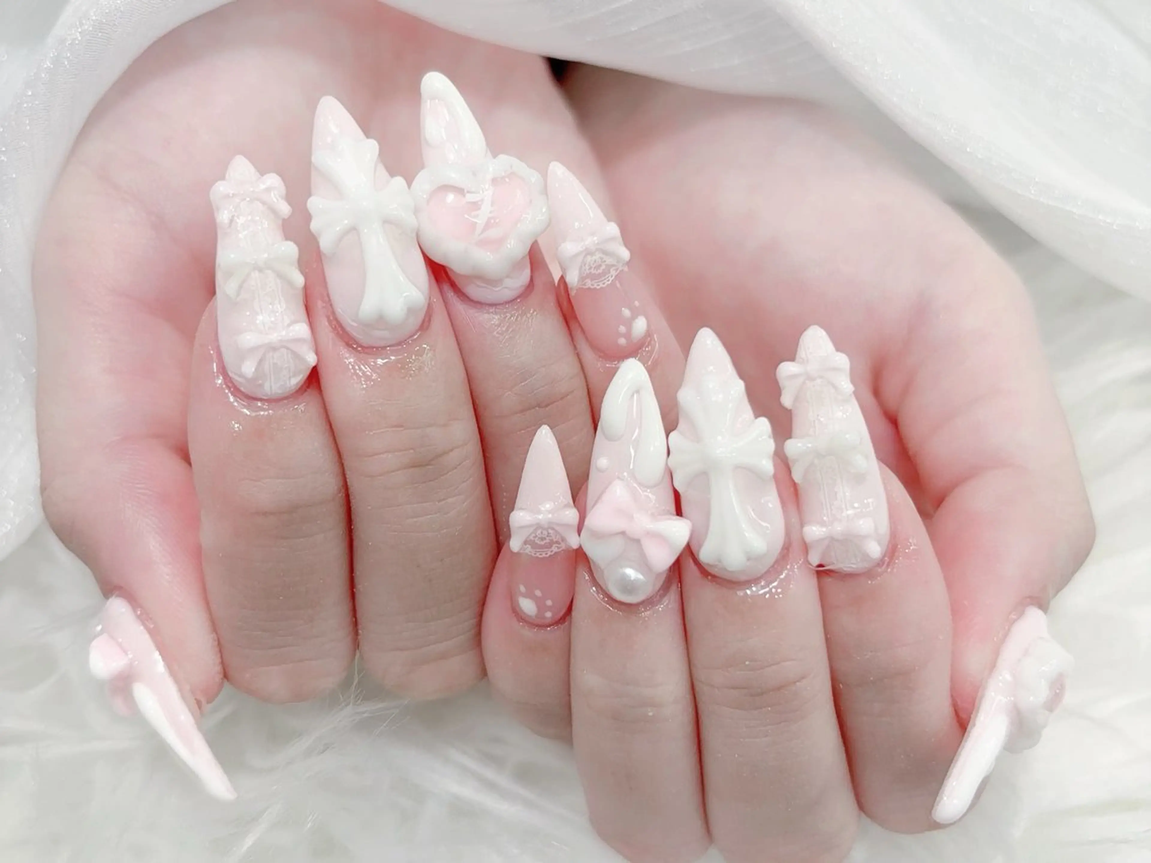 ネイル 成人式 大理石ネイル(マーブル) リボン 夏ネイル ネイルチップ ハンドネイル MoMoA Nail ネイル長さ出し専門店のネイルデザイン