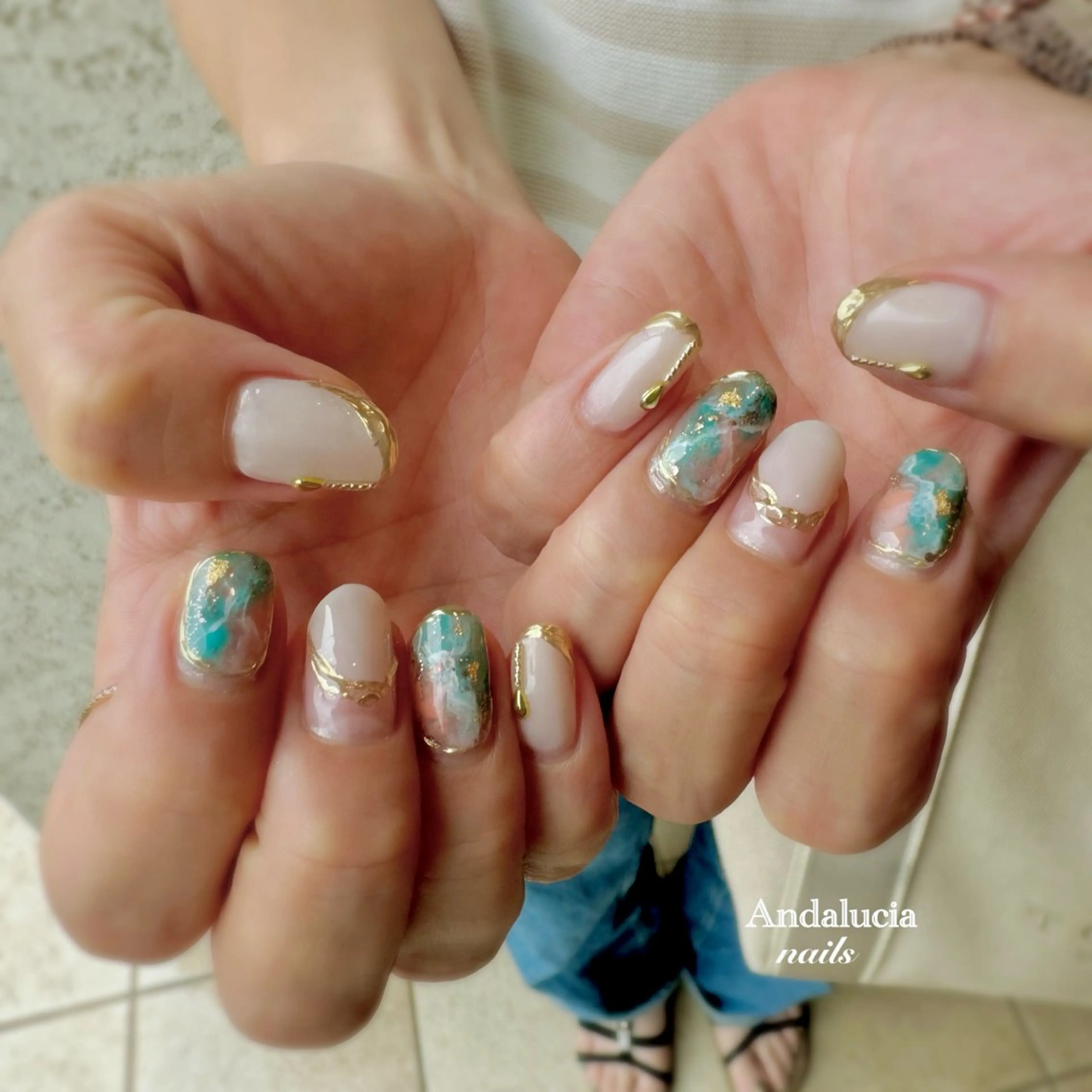 ネイル ゴールド 大理石ネイル(マーブル) オレンジ ホワイト ハンドネイル Andalucia nailsのネイルデザイン