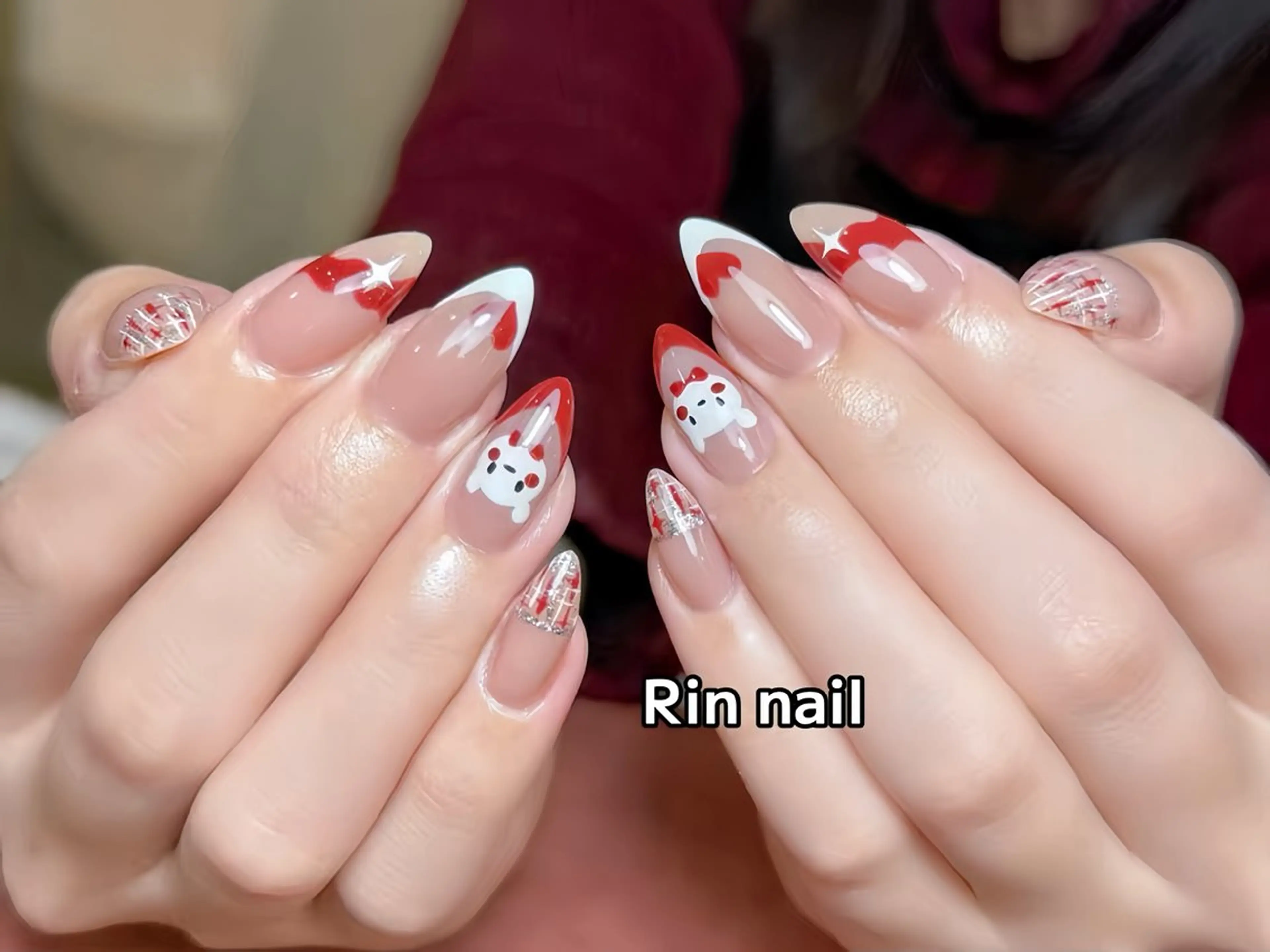 ネイル ボルドー フレンチネイル グラデーション キラキラネイル 韓国ネイル ハンドネイル Rin Nail 新大久保店のネイルデザイン
