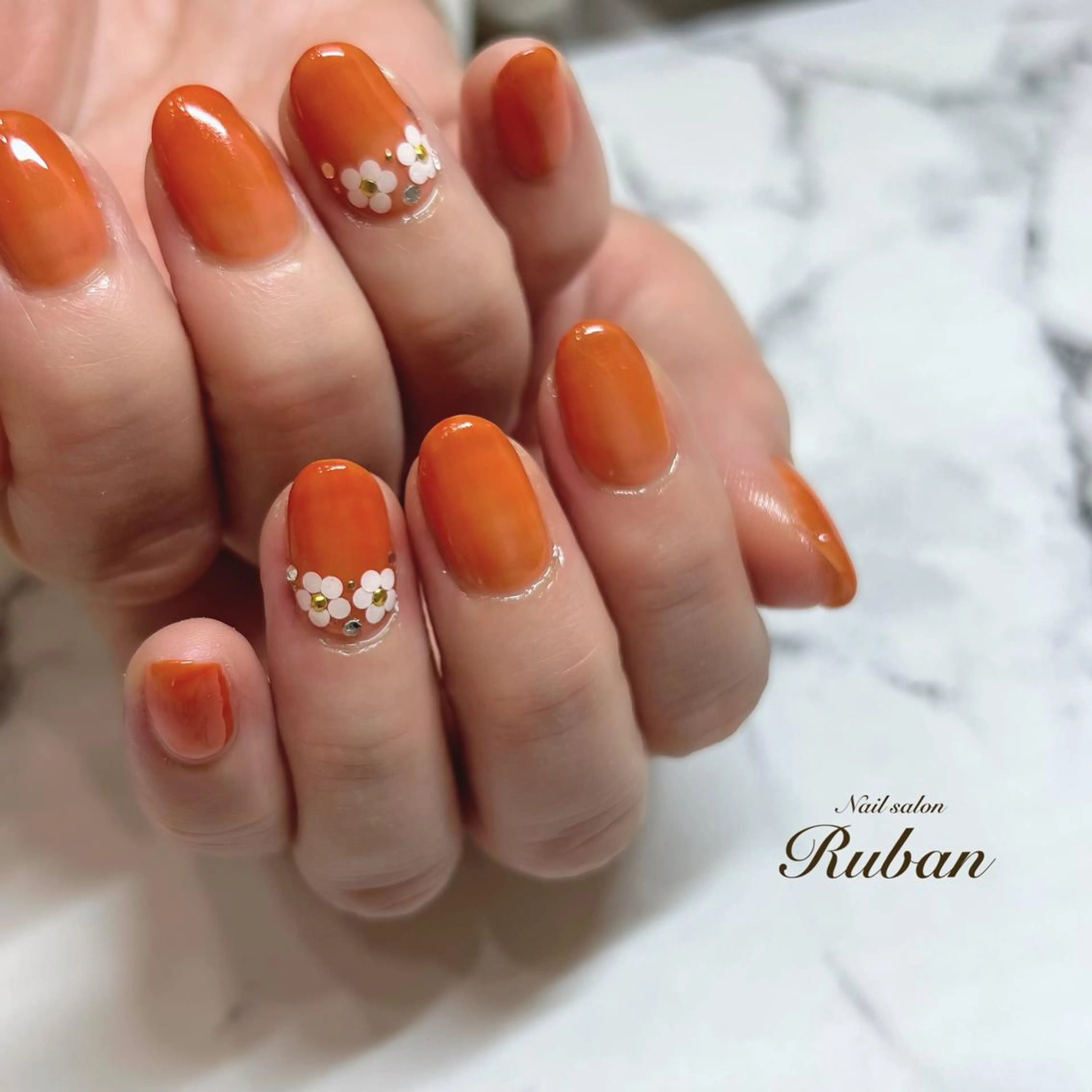 ネイル フラワーネイル オレンジ Nail salon Rubanのネイルデザイン