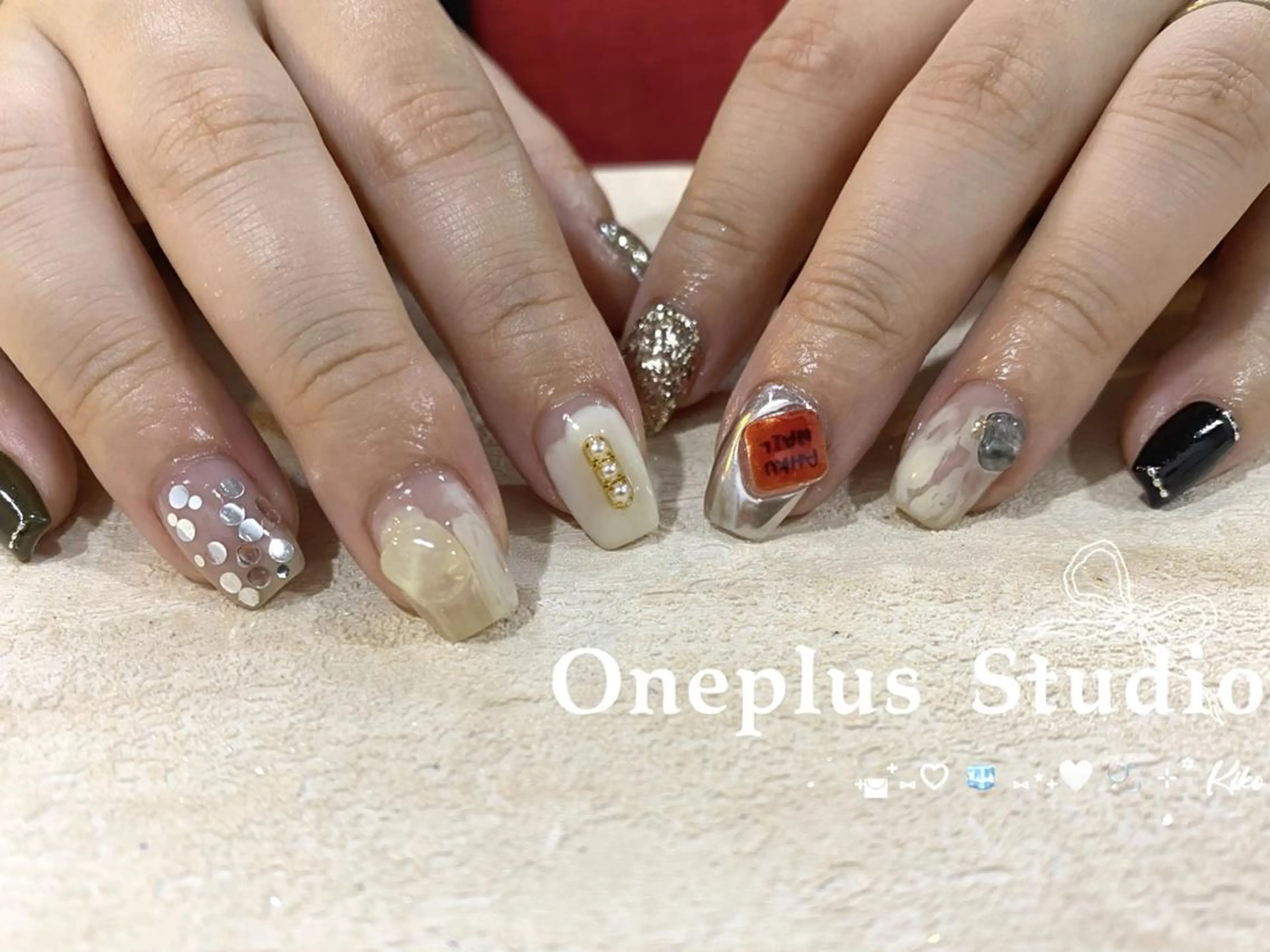 ネイル アニマル柄 ボルドー ブラウン フレンチネイル マグネットネイル One plus StudioNailのネイルデザイン