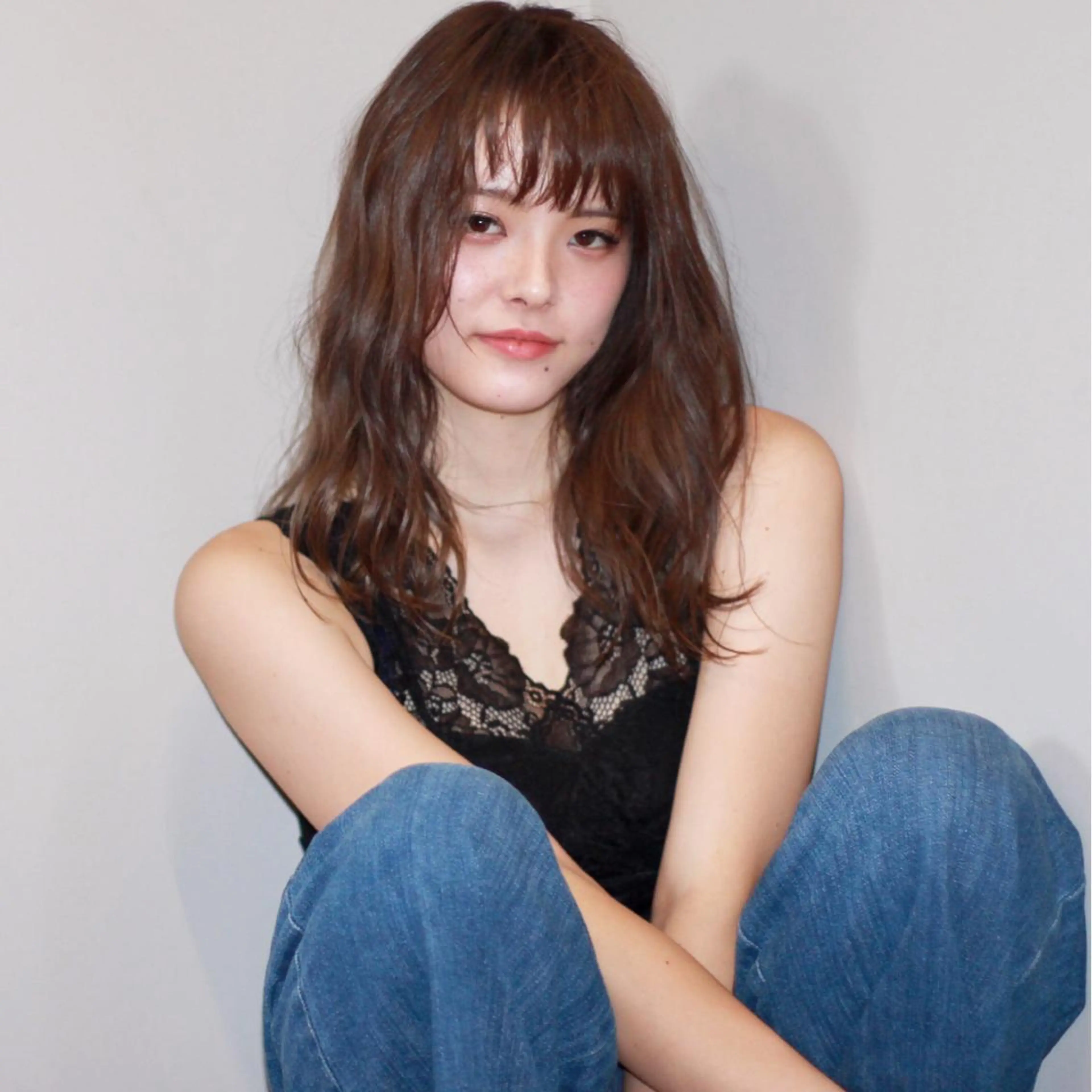 セミロング カラー パーマ 薬院:今泉/上川美幸 小顔ボブ/暗髪カラーのヘアスタイル