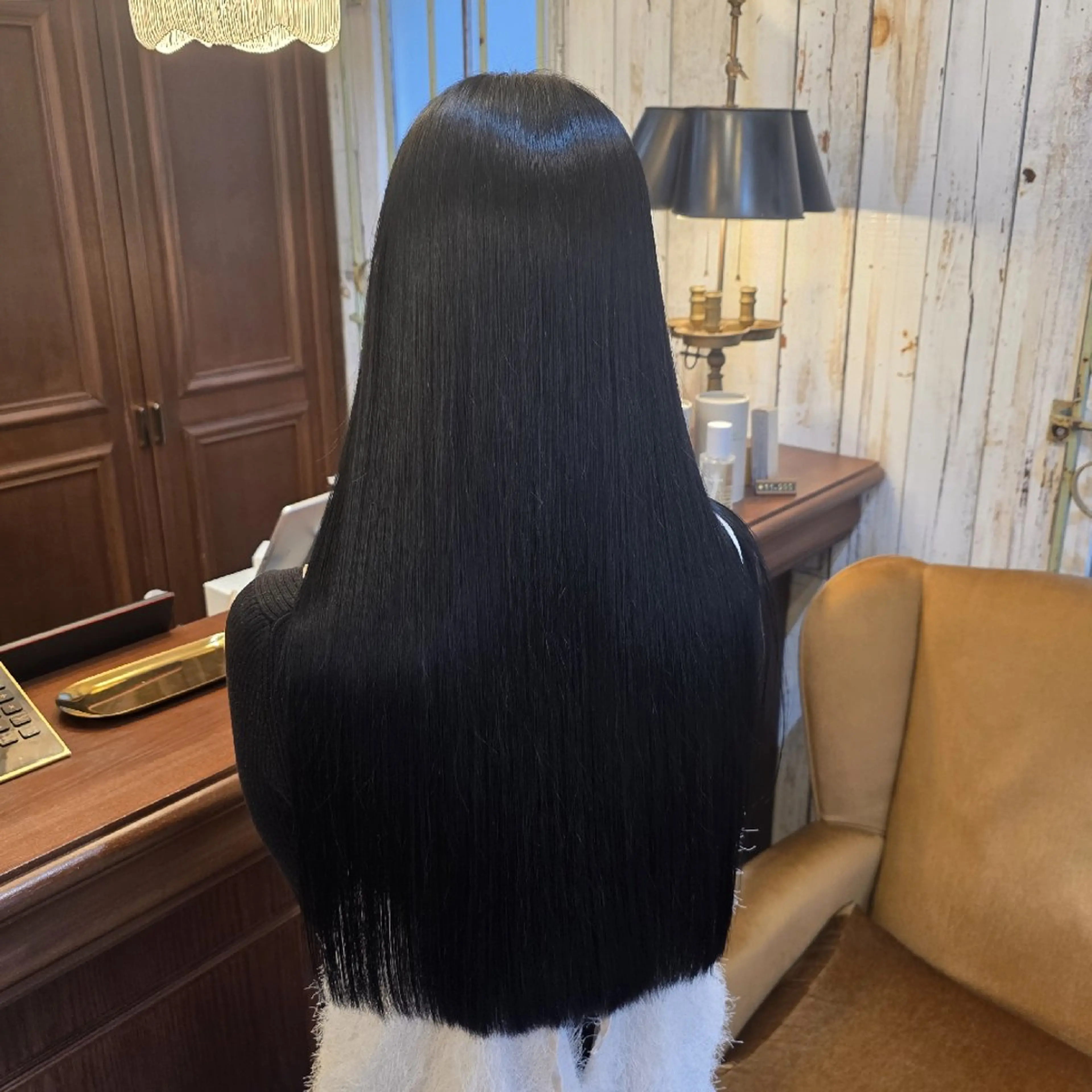 ロング カラー 黒髪 ブルーカラー ブルーブラック 透明感カラー ヘアカラー RYU/毛流れパーマ /前髪立ち上げ⚡️のヘアスタイル