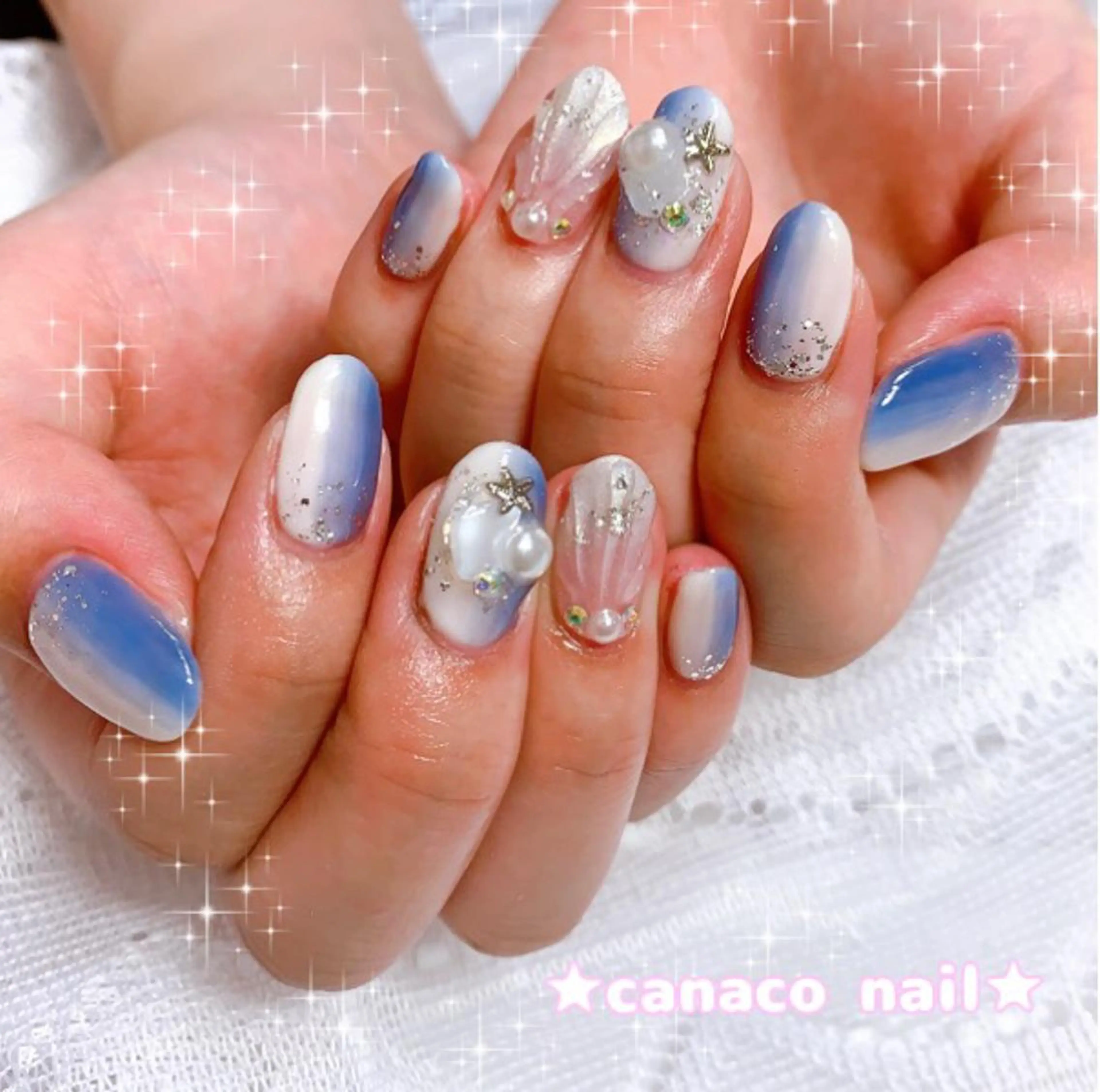 ネイル アートネイル ブルー クリアネイル ジェルネイル グラデーション ハンドネイル ハンドケア ベテランネイル cnc nailのネイルデザイン