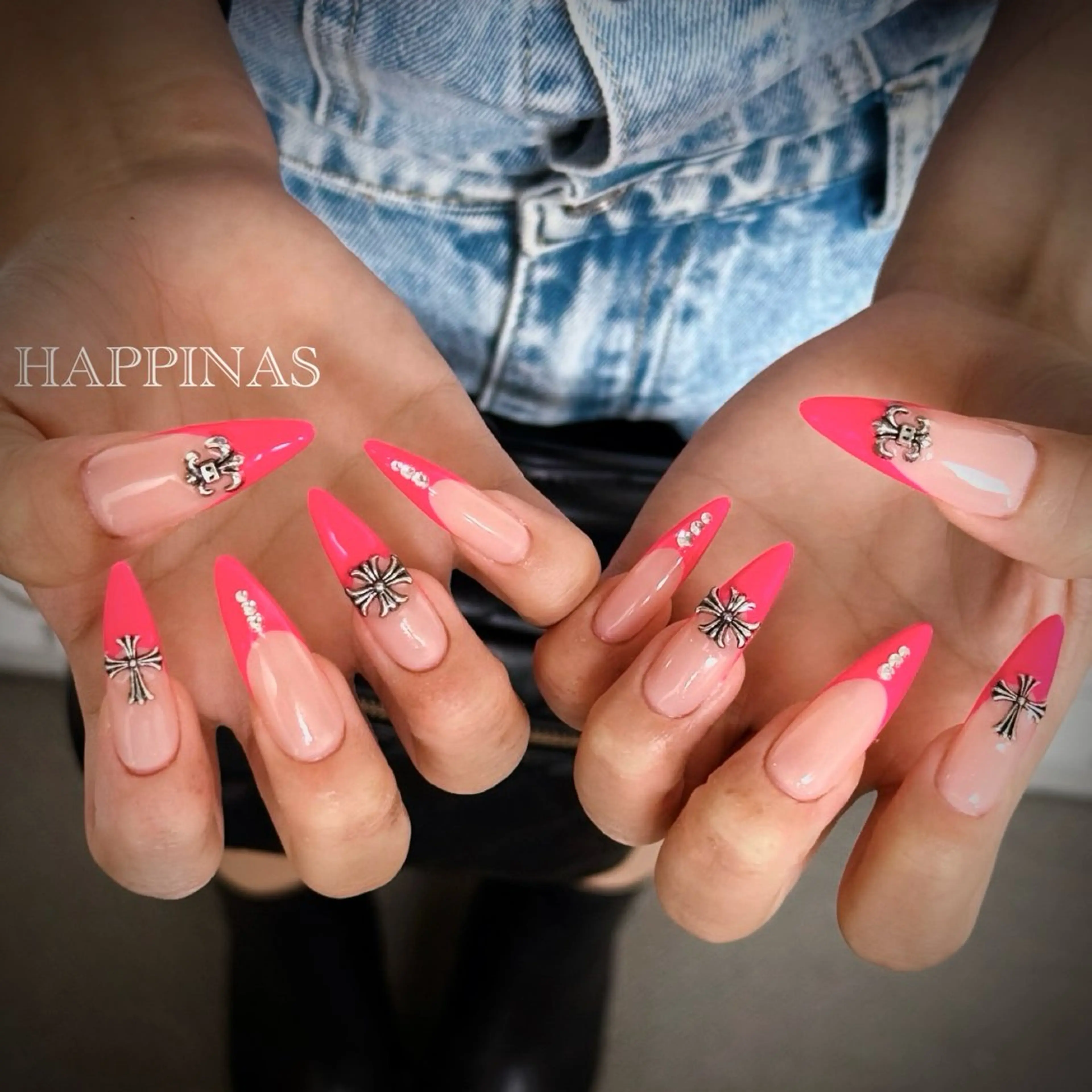 ネイル フレンチネイル ピンク スカルプネイル シンプルネイル ストーンネイル ハンドネイル HAPPINAS ののかのネイルデザイン