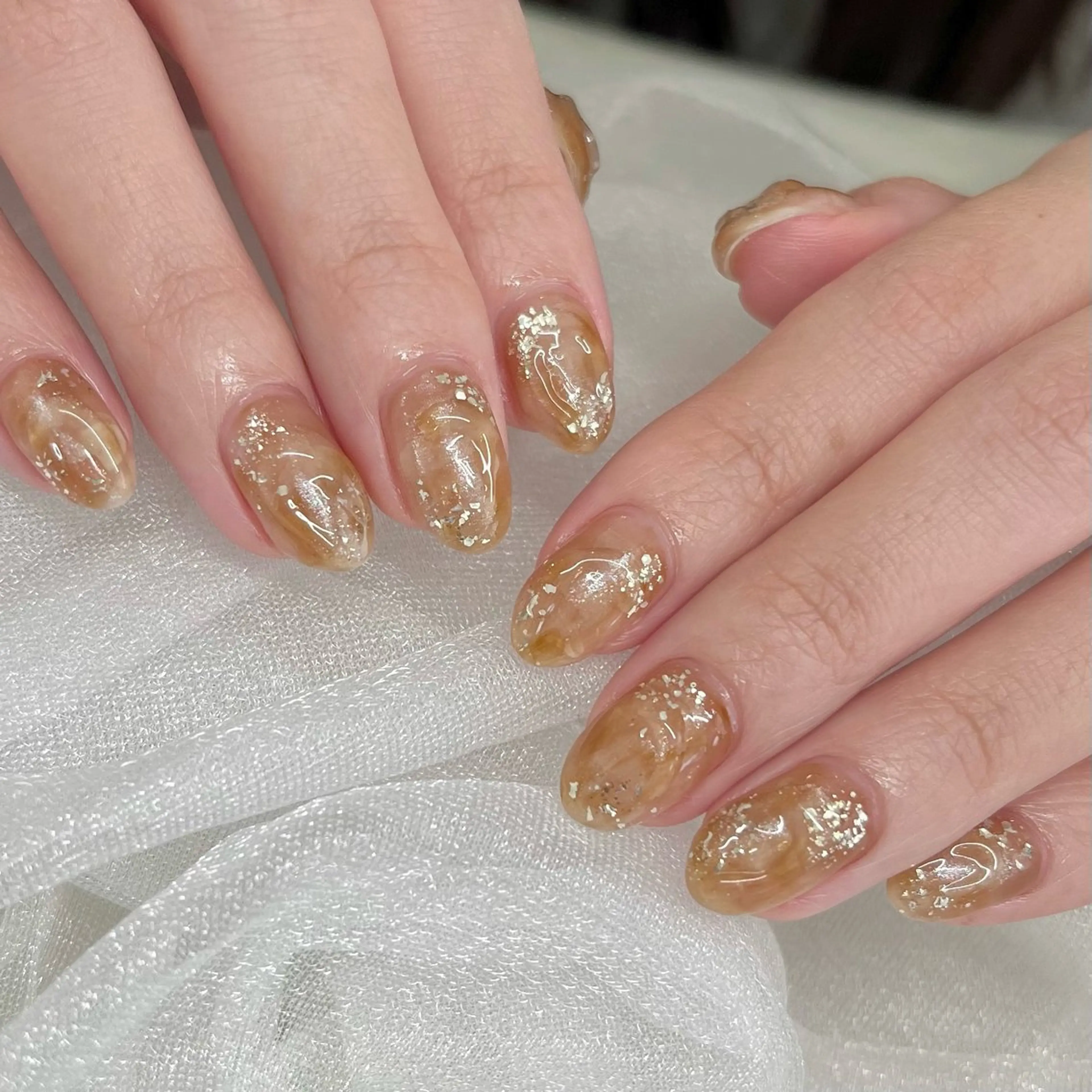 ネイル ブラウン ニュアンスネイル ハンドネイル petit sarina..ෆのネイルデザイン
