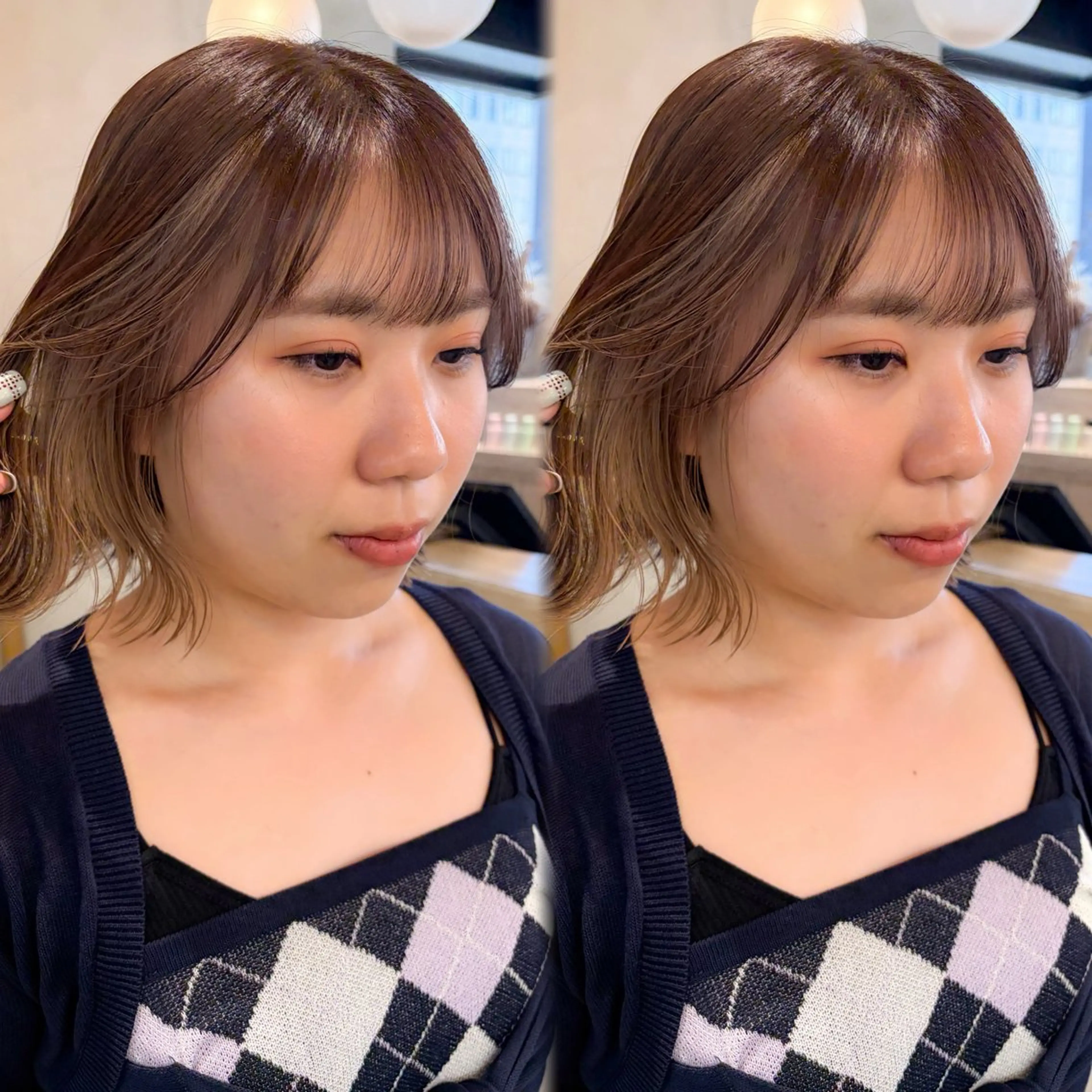 ミディアム ミストバング カット ヘアカラー トリートメント ♥️ボブ縮毛矯正/暖 色/minami♥️のヘアスタイル
