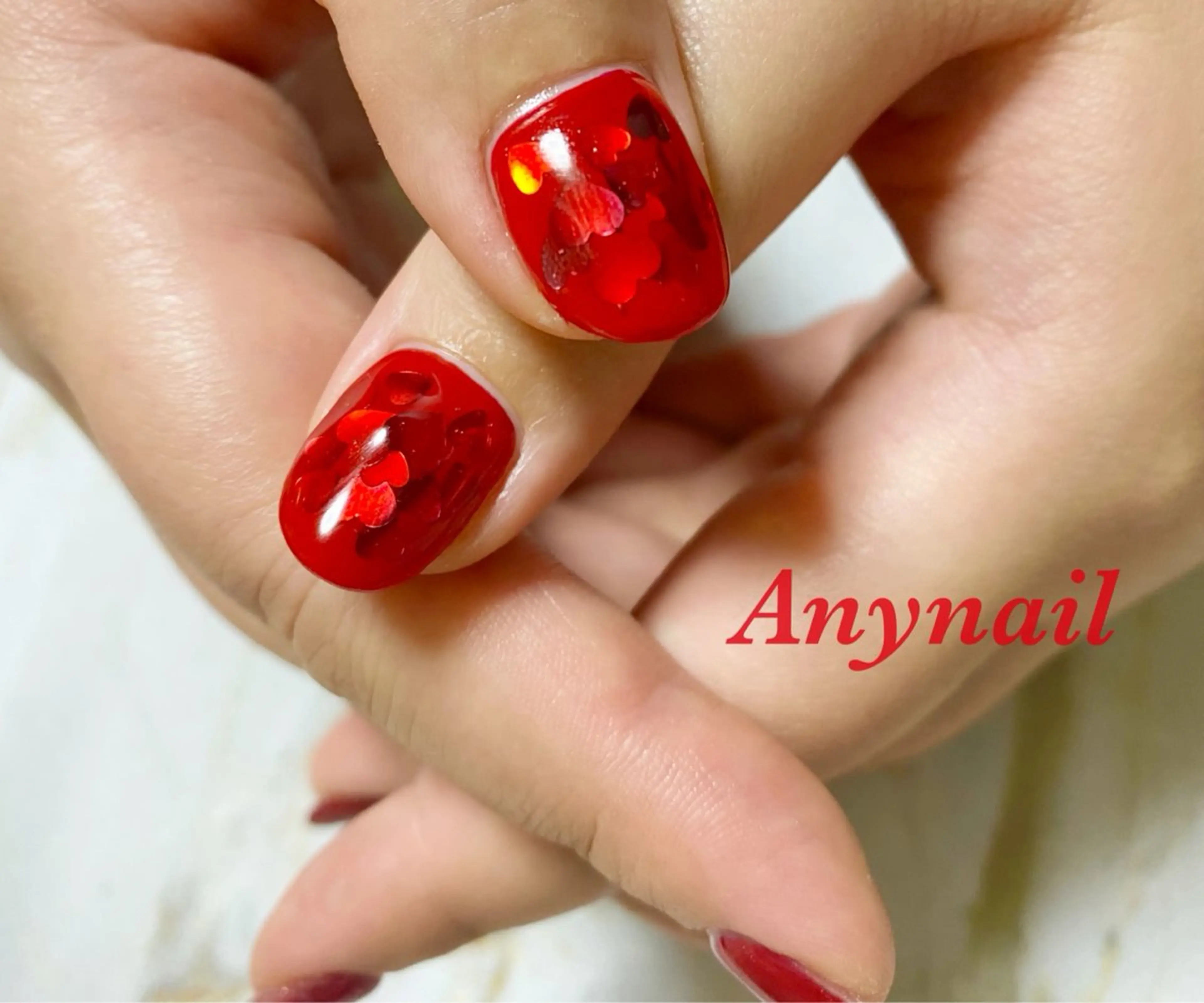 ネイル ブルー ハート ホログラムネイル 赤色 バレンタイン 岩澤 恵子のネイルデザイン