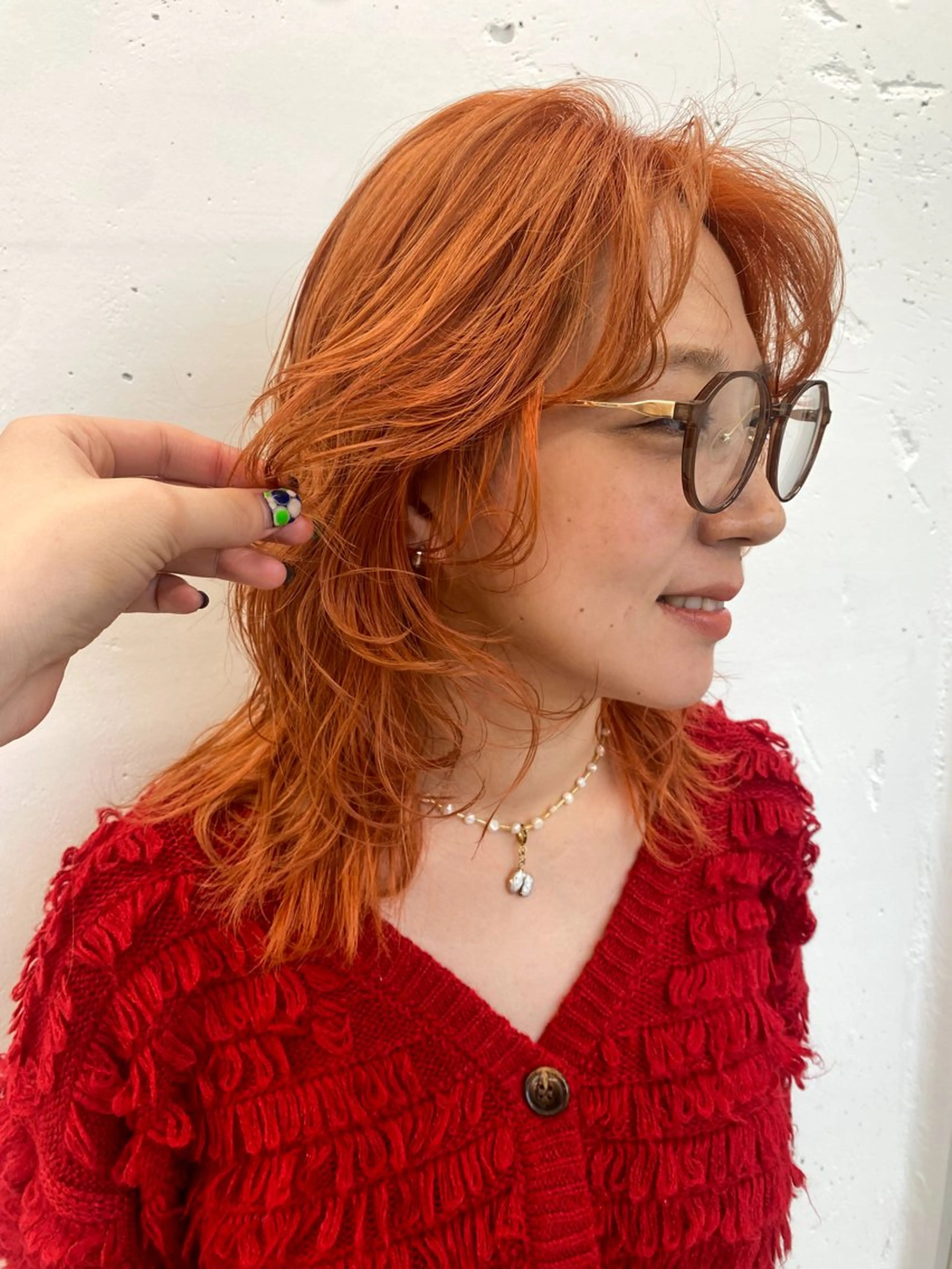 セミロング カラー ヘアアレンジ 透明感カラー オレンジ カット ヘアカラー 夕羽夢🍓矢場/ 透明感カラーのヘアスタイル