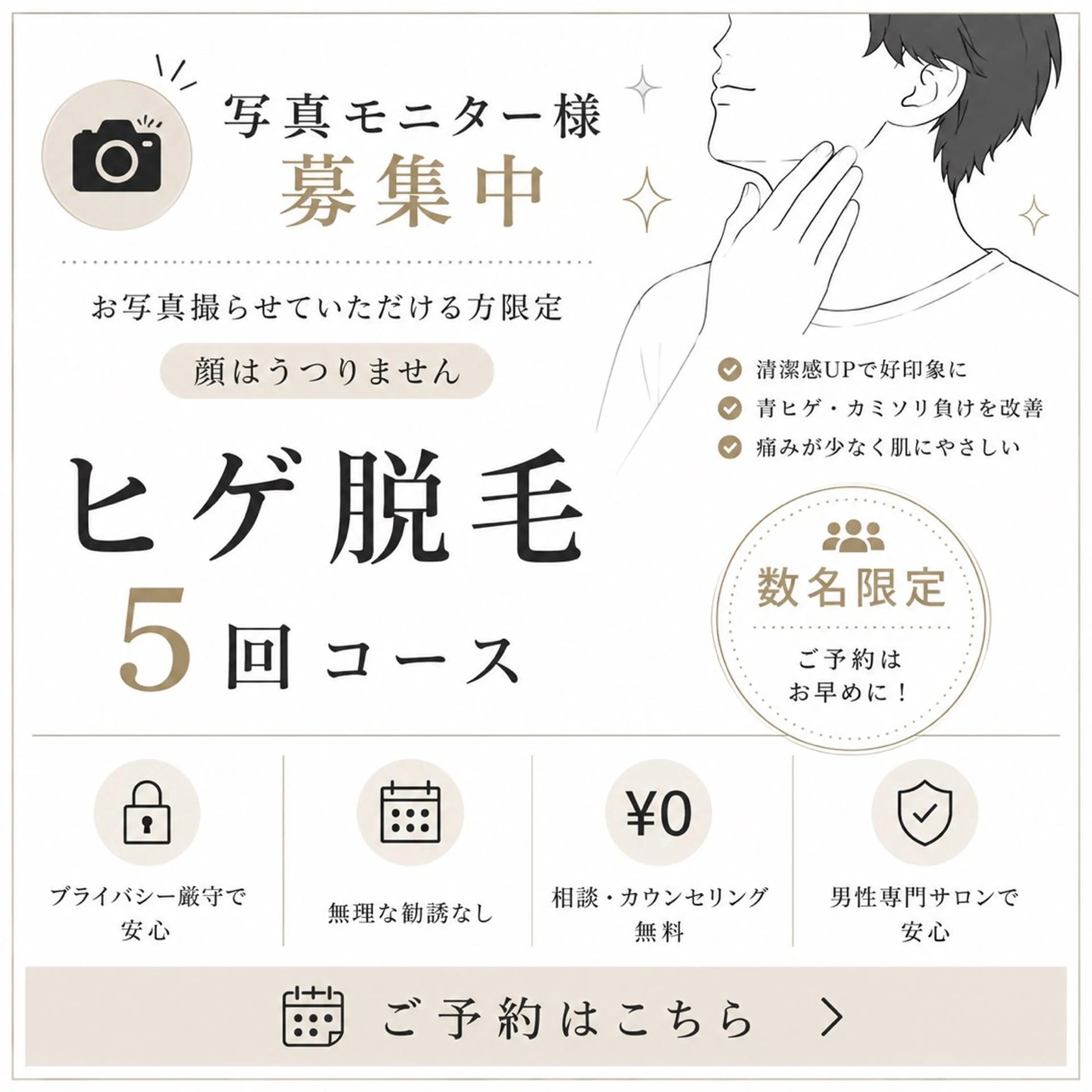 🔵【 ヒゲ脱毛 5回コース 】お写真撮らせていただける方限定価格📷✨️1回あたり3,000円🉐の写真