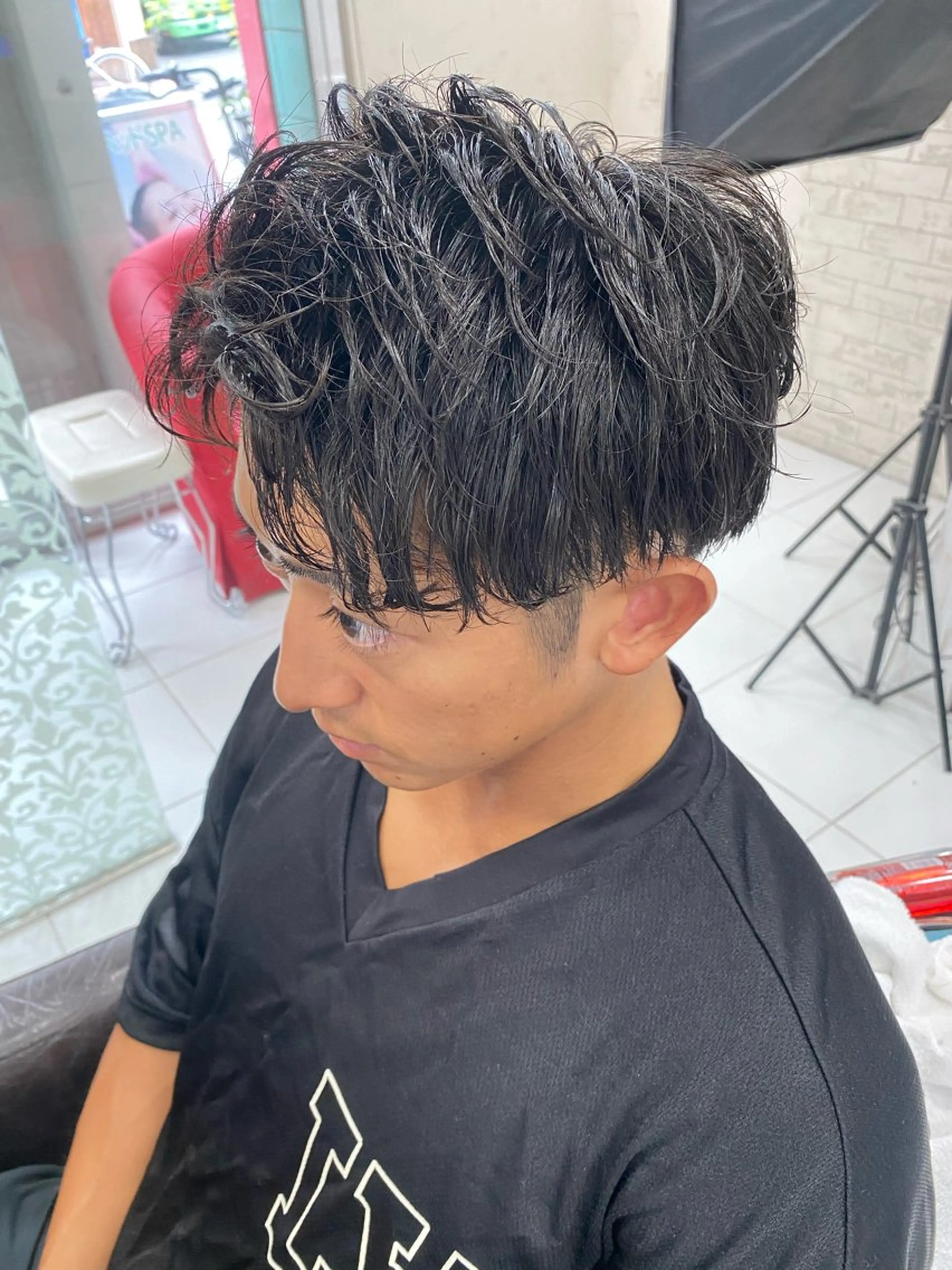 メンズ アップバング メンズパーマ ホワイト系はお任せ /ブリーチ/店長岩崎のヘアスタイル