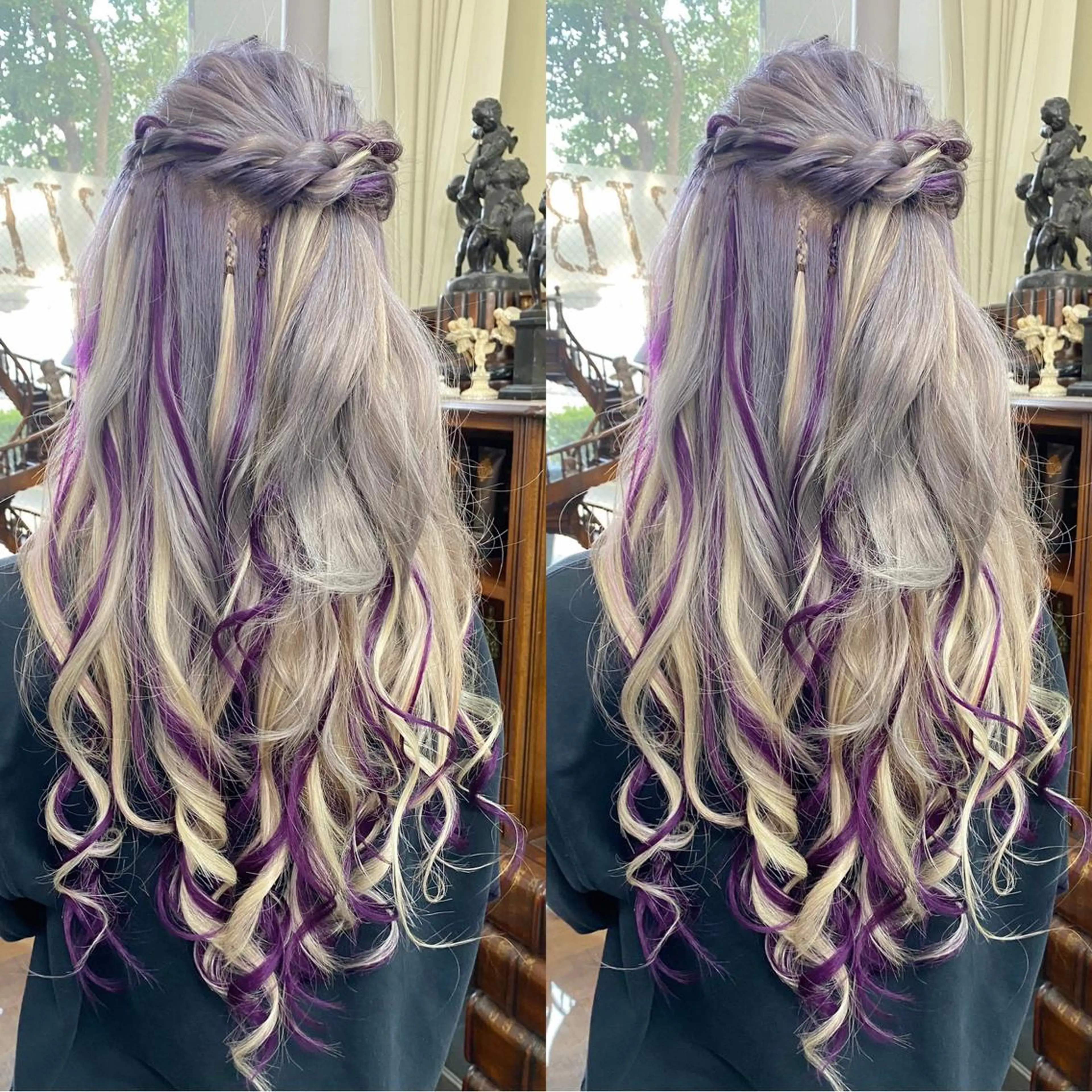 ロング カラー 編み込みエクステ シールエクステ バレイヤージュ ブリーチ ブロンド モモカ/ハイトーン /バレイヤージュのヘアスタイル