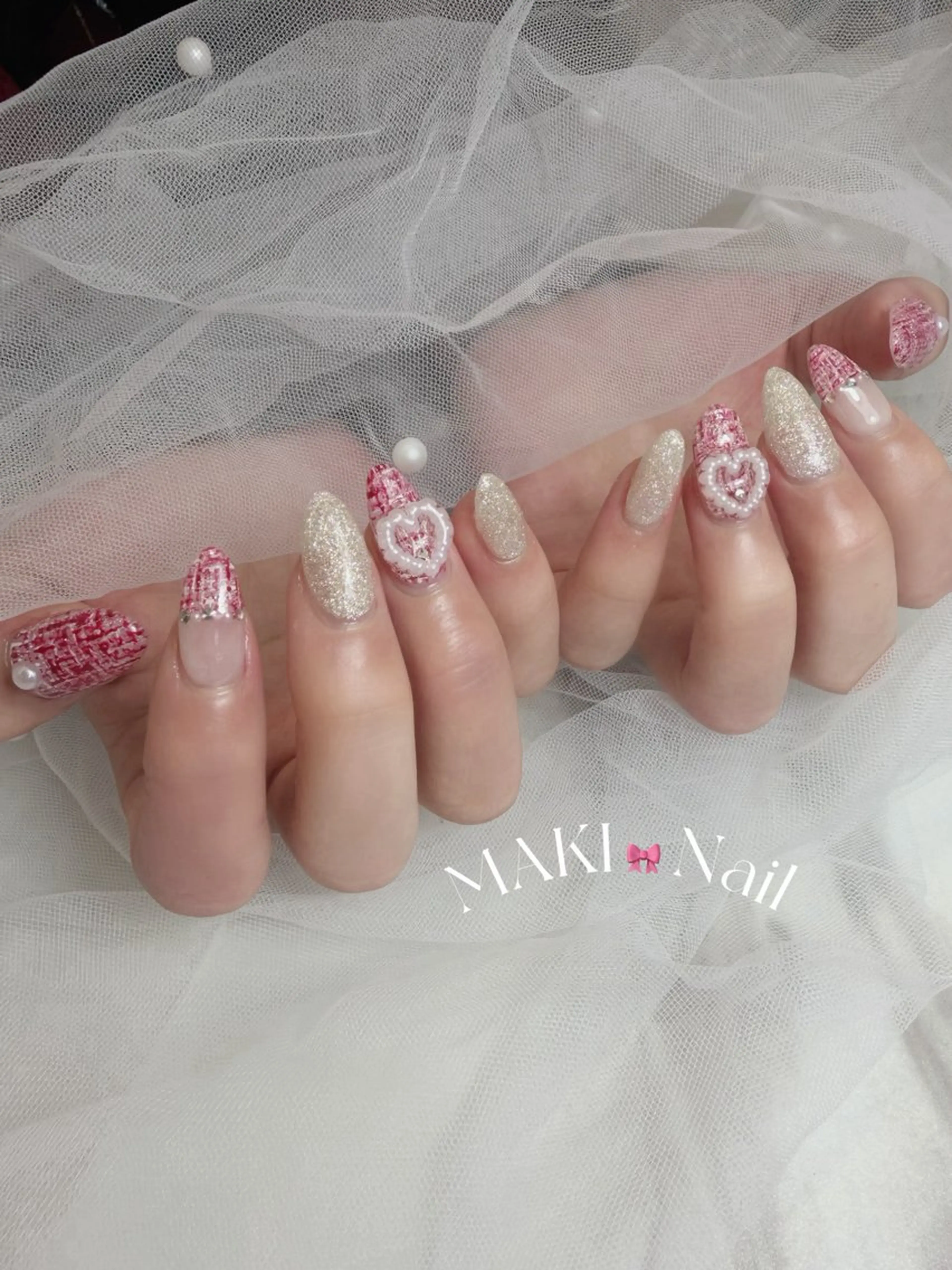 ネイル 赤色 ツイードネイル バレンタイン ハンドネイル MAKI🎀Nail 堺筋本町/心斎橋のネイルデザイン