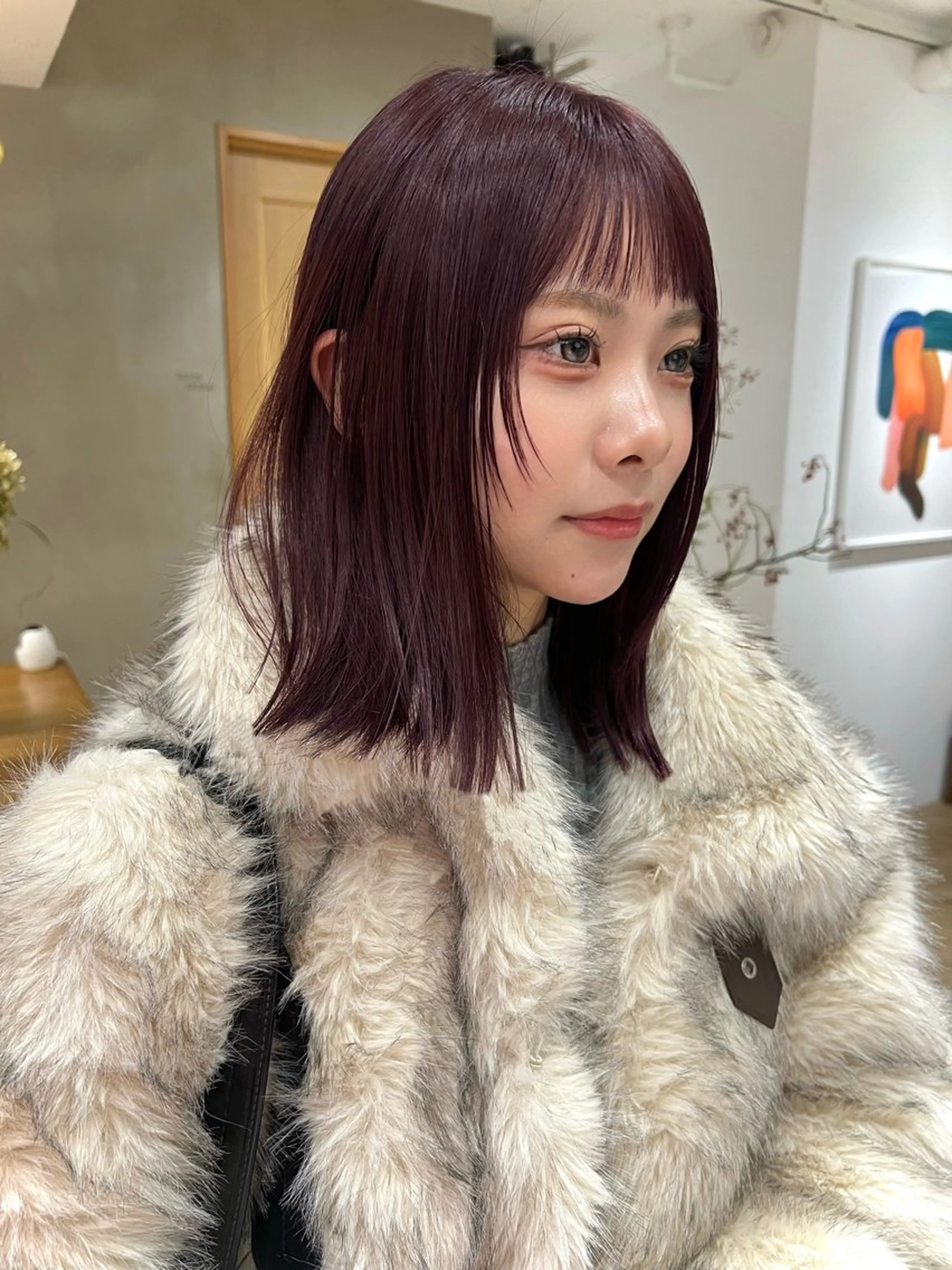 ロング カラー ヘアアレンジ ロングレイヤー カシス 透明感カラー 顔まわりレイヤー 髪質改善 カット 似合わせレイヤー ＆縮毛矯正のヘアスタイル