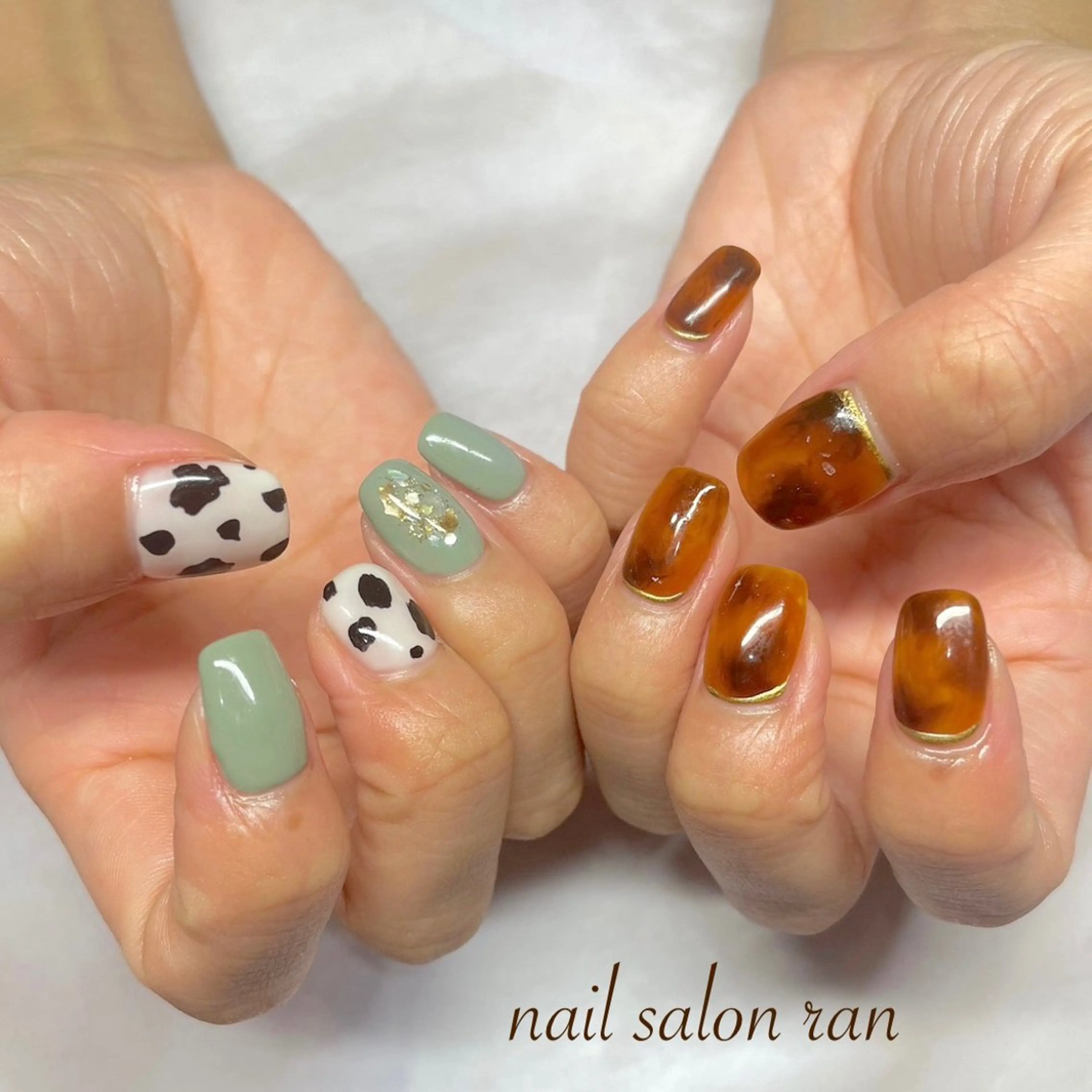 ネイル べっ甲ネイル グリーン ハンドネイル ハンドケア nailsalon ranのネイルデザイン