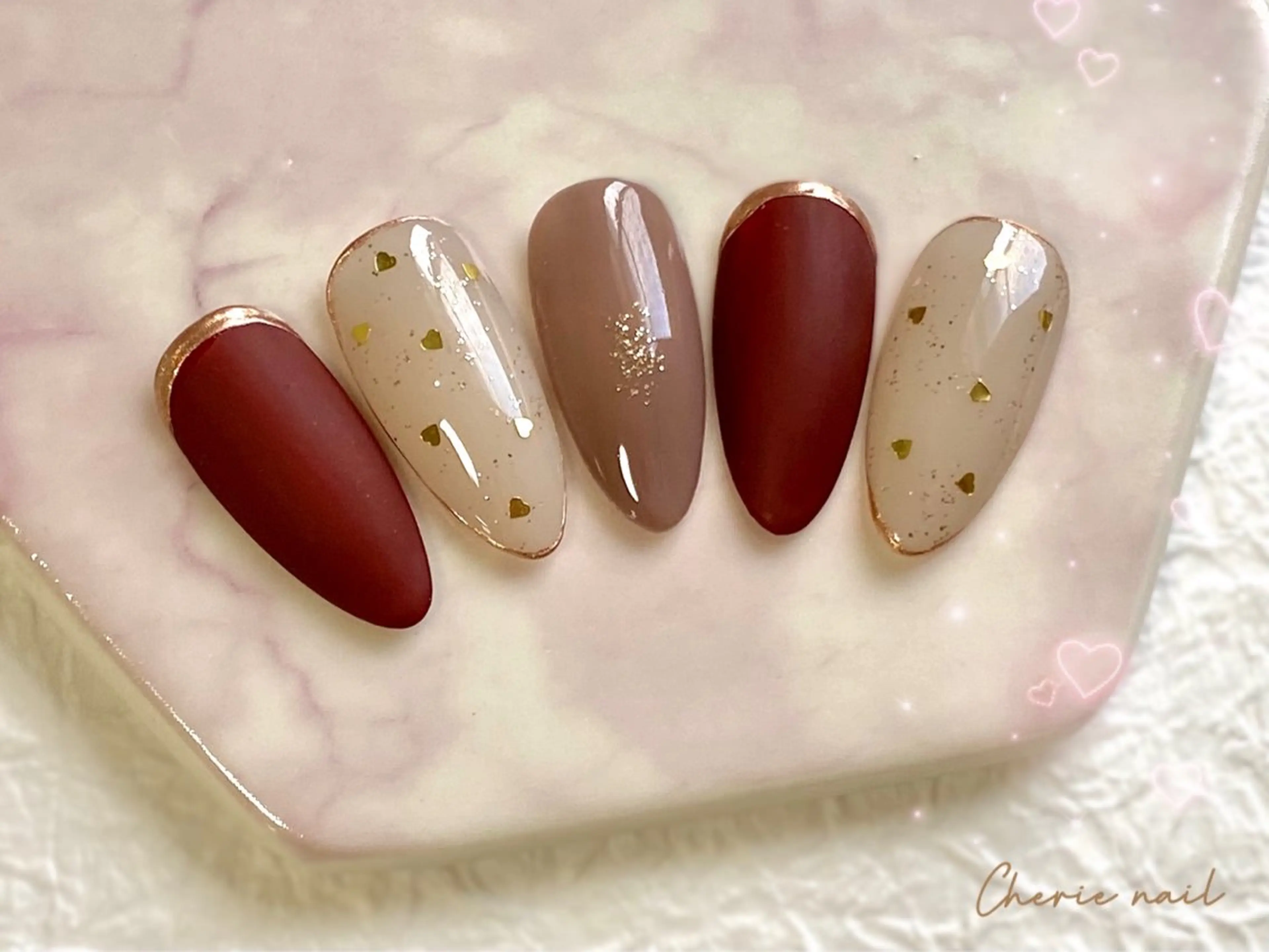ネイル ボルドー ジェルネイル ハート マットネイル ミラーネイル ハンドネイル Cherienail yunaのネイルデザイン