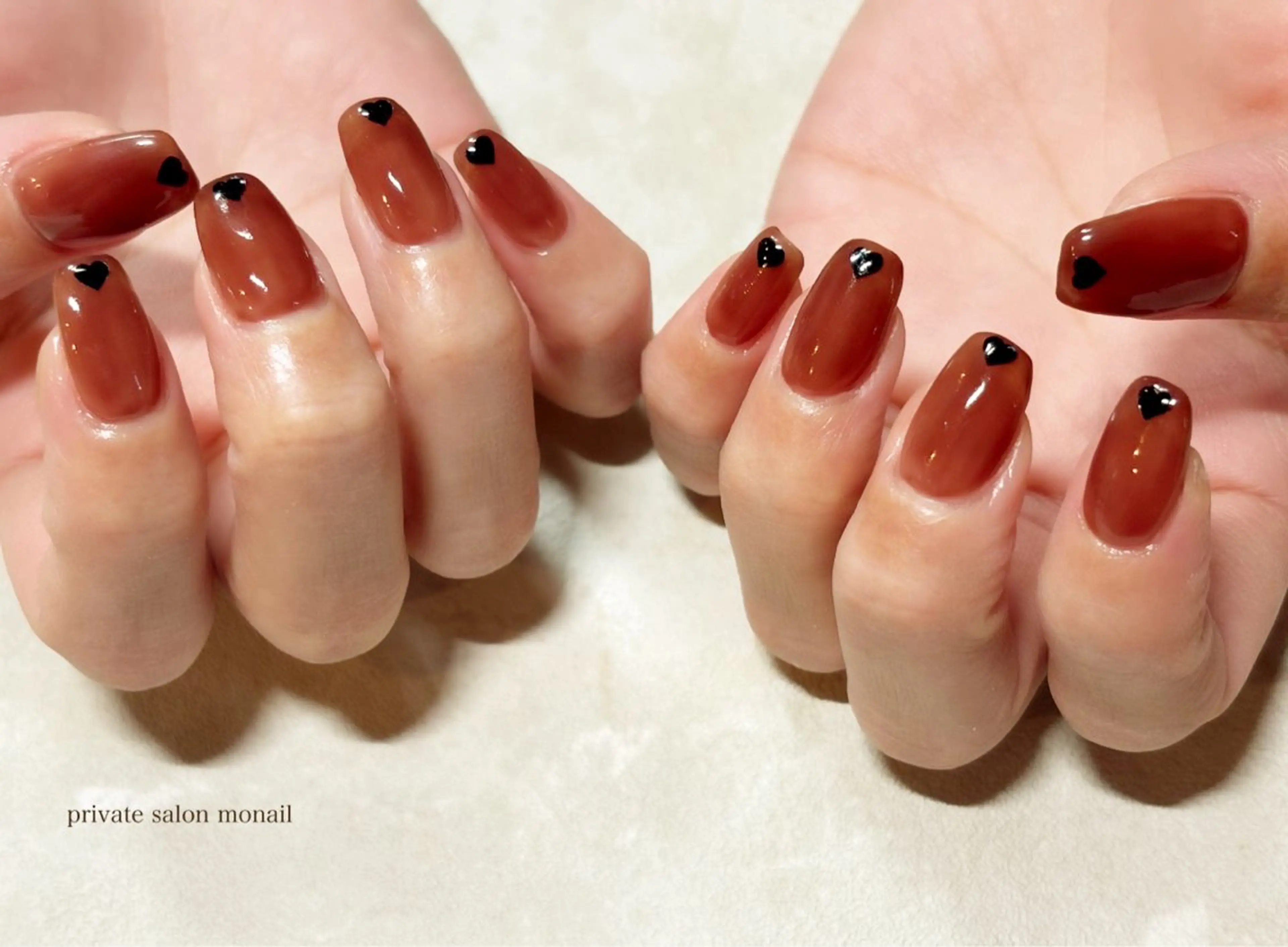 ネイル ブラウン ハート ハンドネイル nail salon monailのネイルデザイン