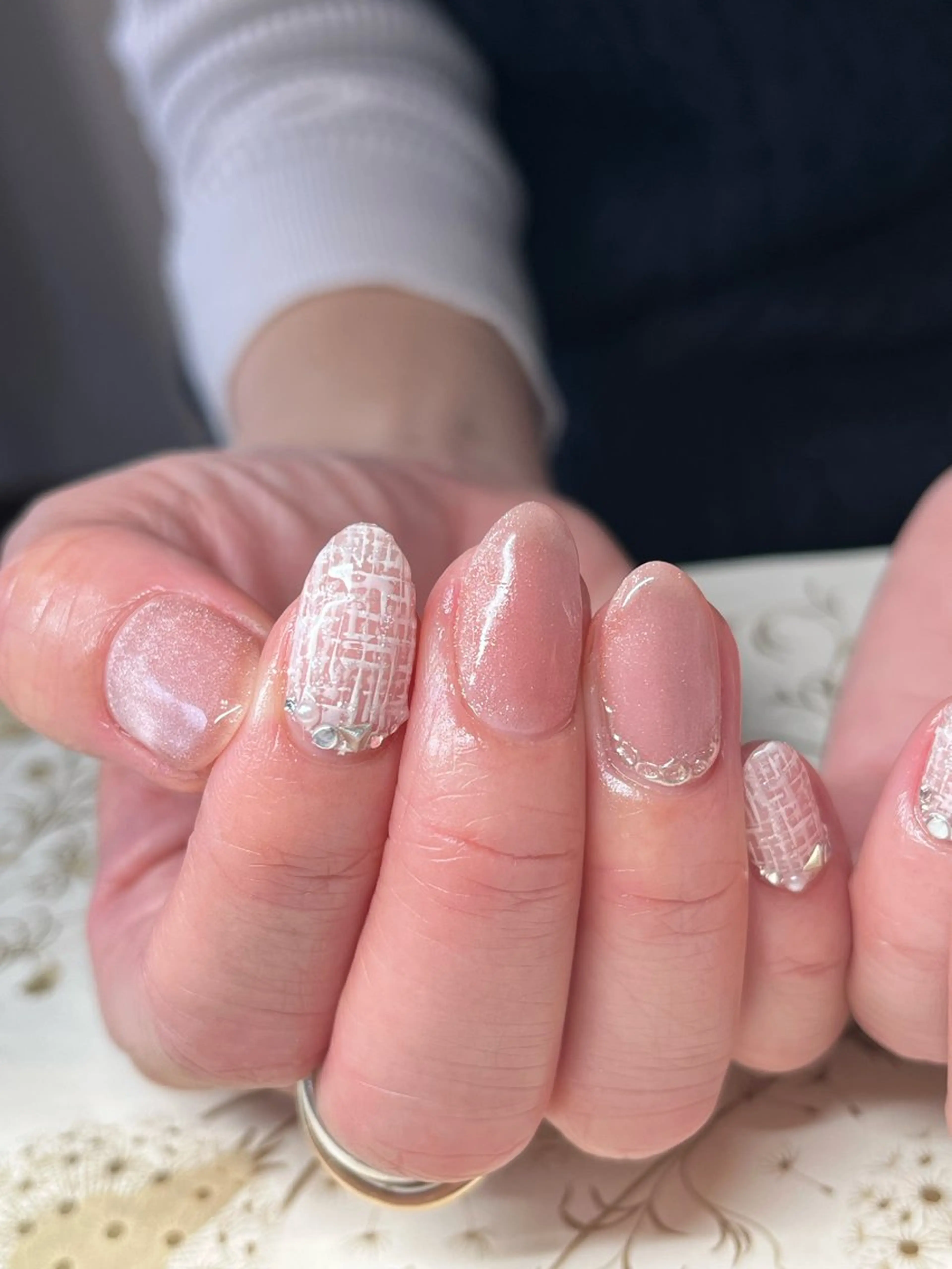 ネイル ピンク 春ネイル ツイードネイル ハンドネイル miel nailのネイルデザイン