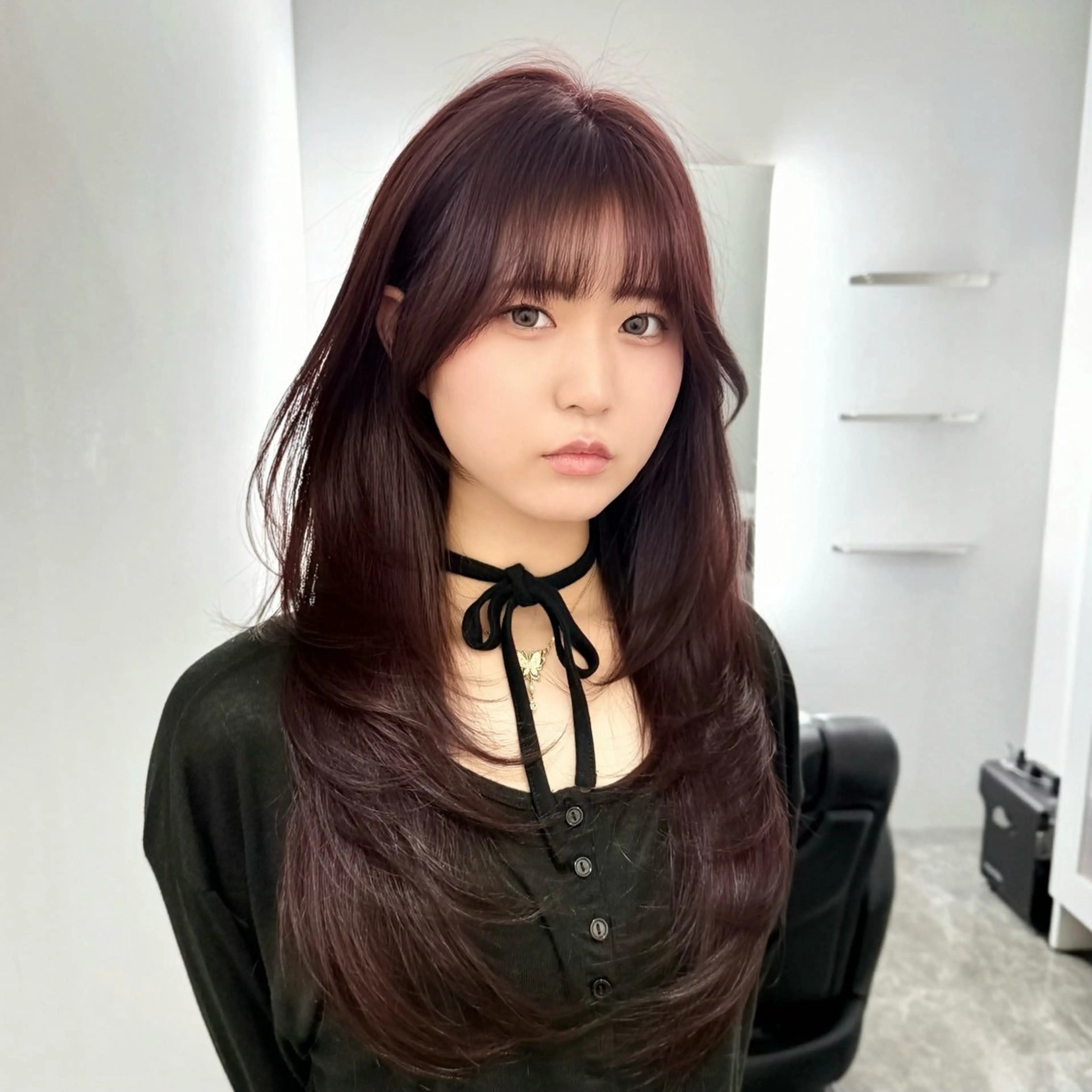 ロング カラー ベージュカラー 黒髪 ブルーカラー ブルーブラック グレージュ カット ヘアカラー レイヤー/艶カラー /韓国ヘア/高松のヘアスタイル