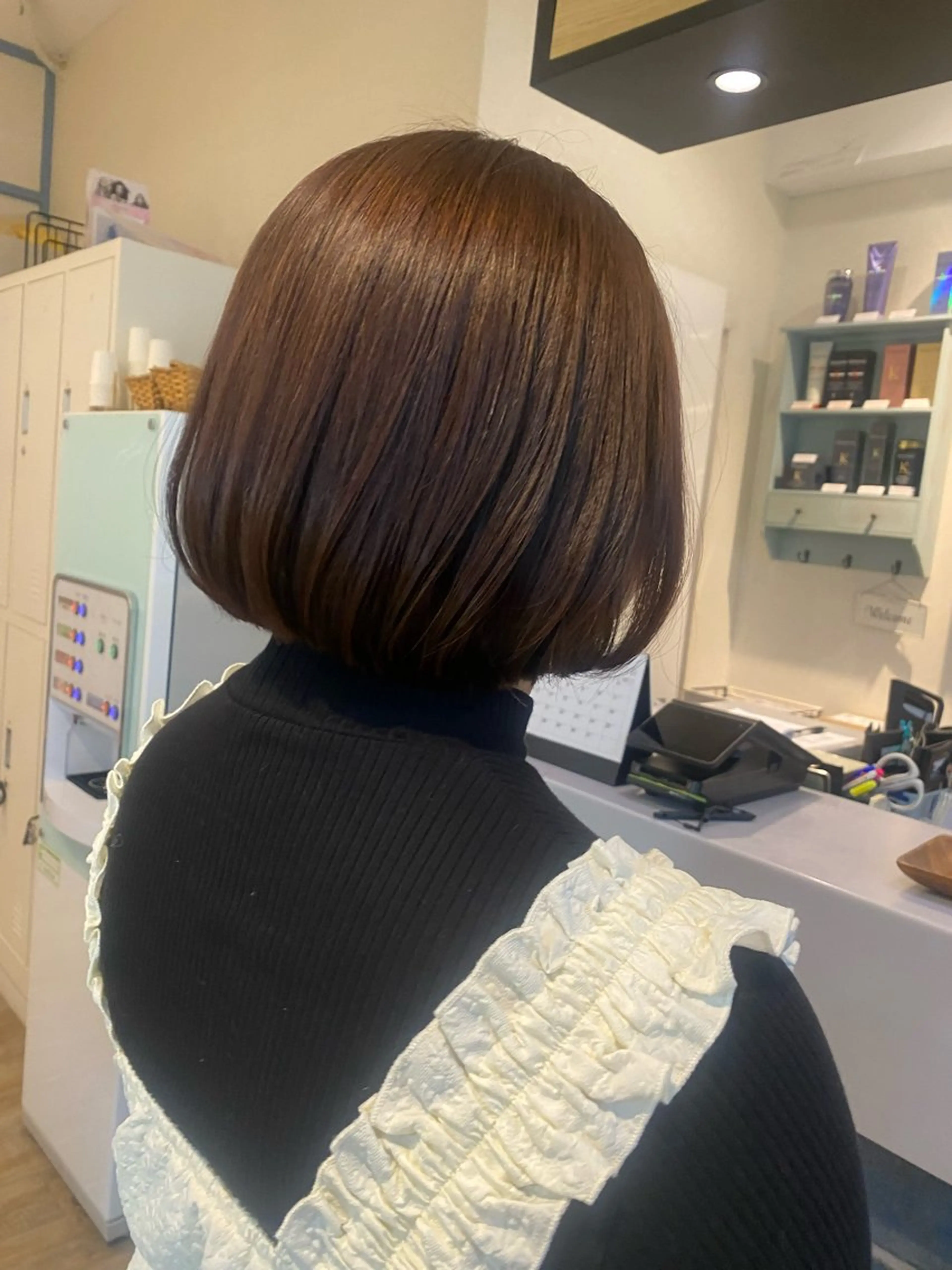 ショート ピンクブラウン ボブ 縮毛矯正 ヘアカラー トリートメント N°+aero 😊れいか😊のヘアスタイル