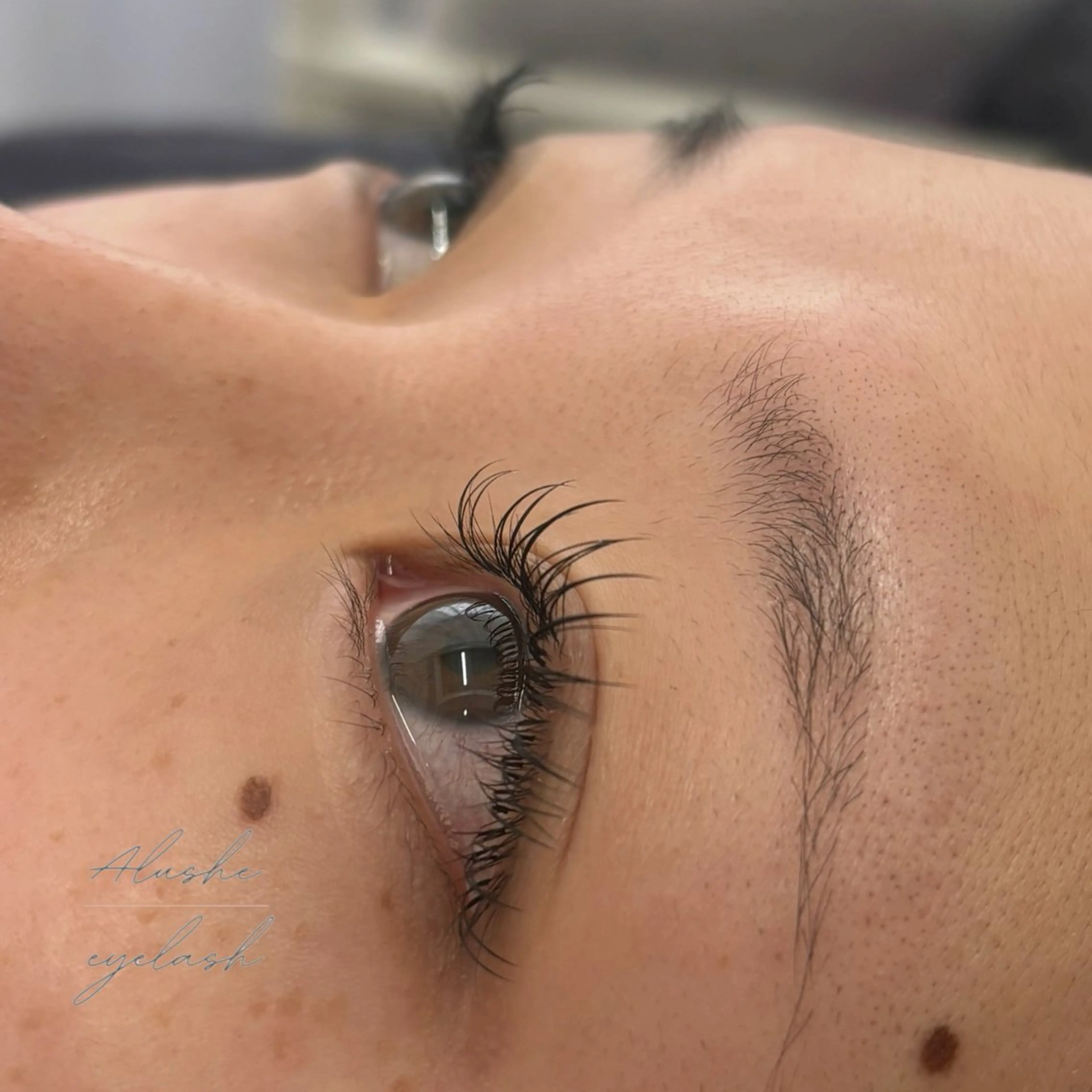 マツエク・マツパ Dカール フラットラッシュ 目尻長め ナチュラル パリジェンヌラッシュリフト マツエク ⁺˚･༓☾アルーシェ みゆり☽༓･˚⁺のマツエク・マツパデザイン