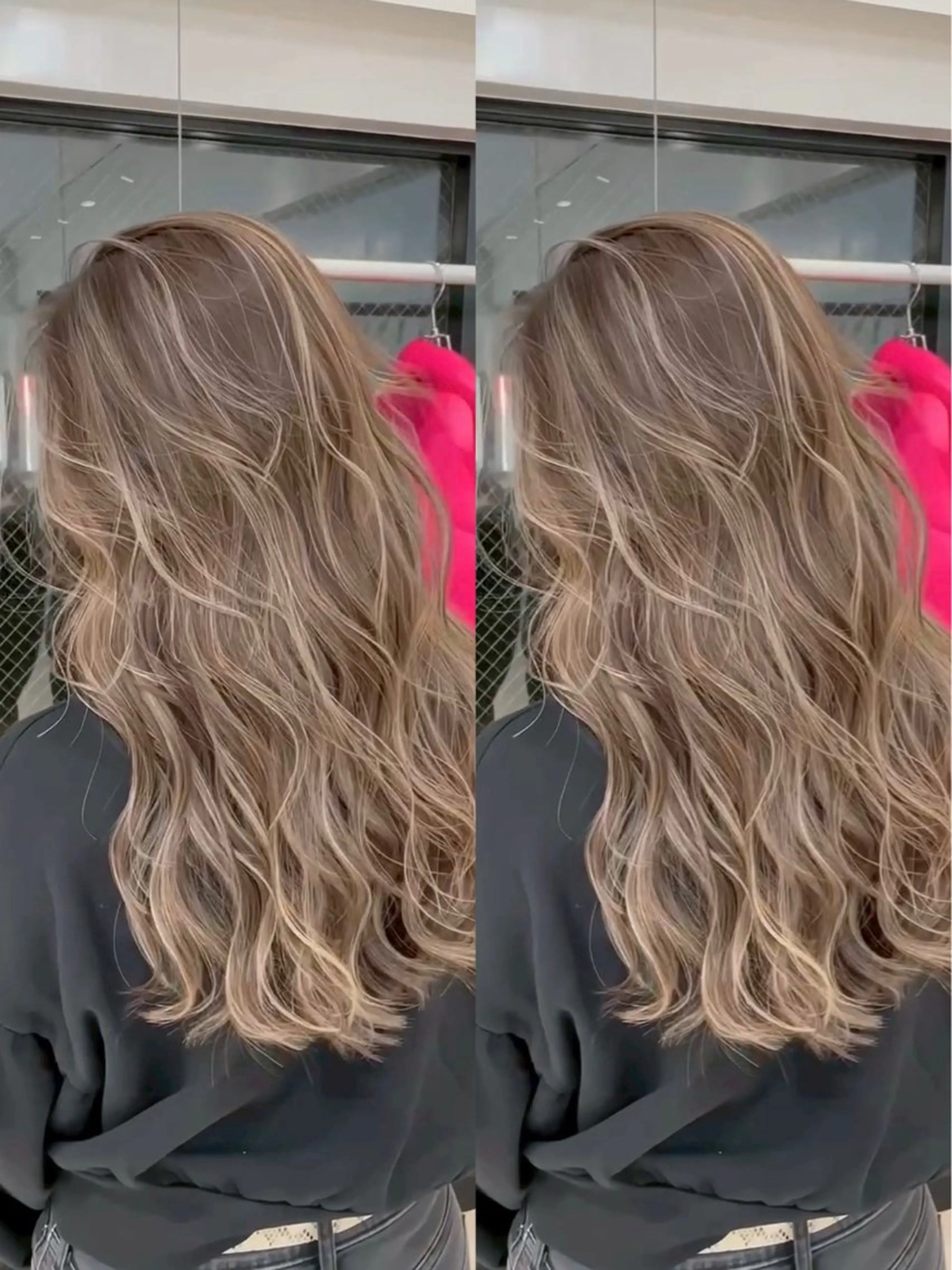 ロング カラー バレイヤージュ ベージュカラー ハイライトカラー ミルクティーベージュ ハイライト カット ヘアカラー トリートメント 表参道/ハイライト バレイヤージュのヘアスタイル