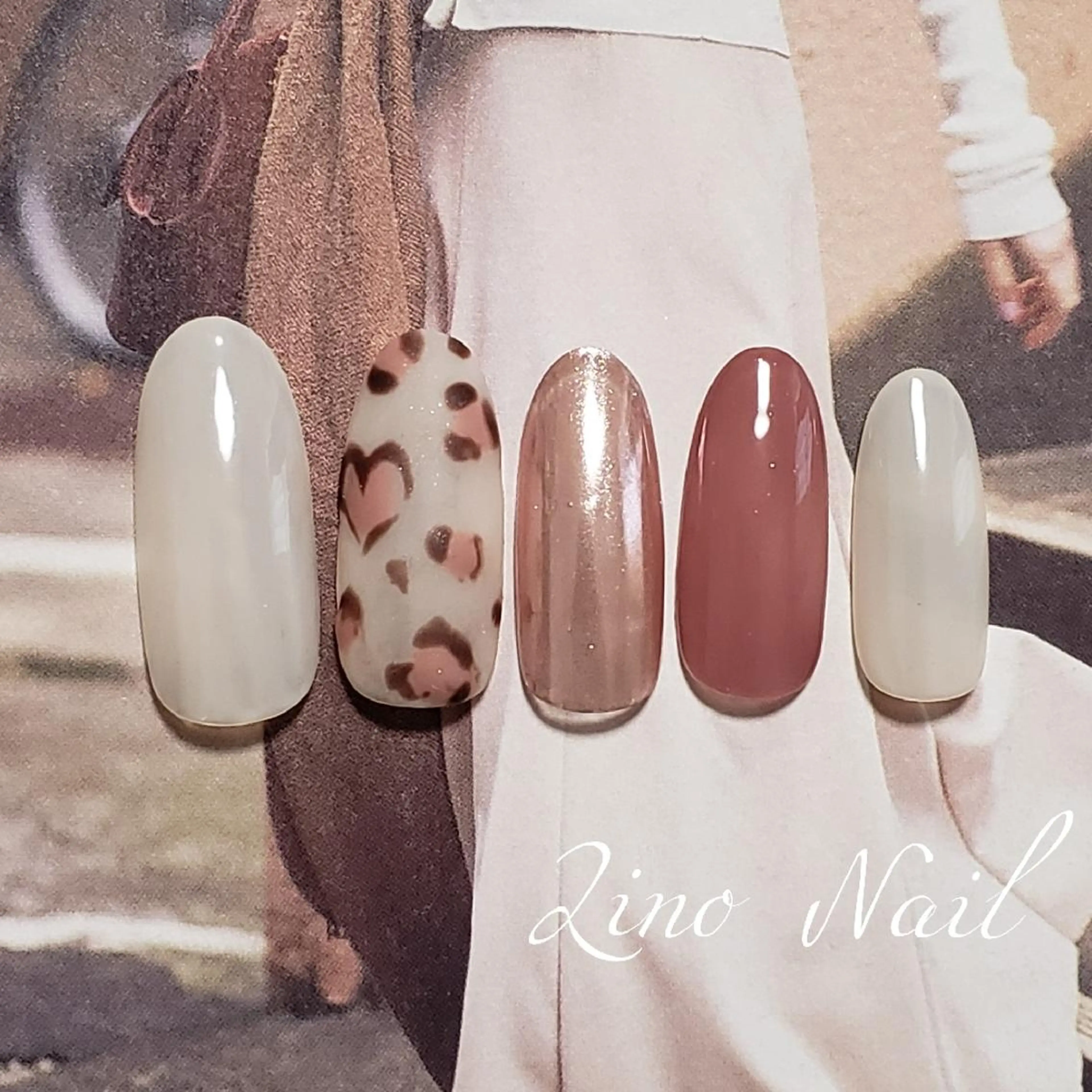 ネイル アニマル柄 カジュアル ジェルネイル ハート キラキラネイル Lino Nailのネイルデザイン