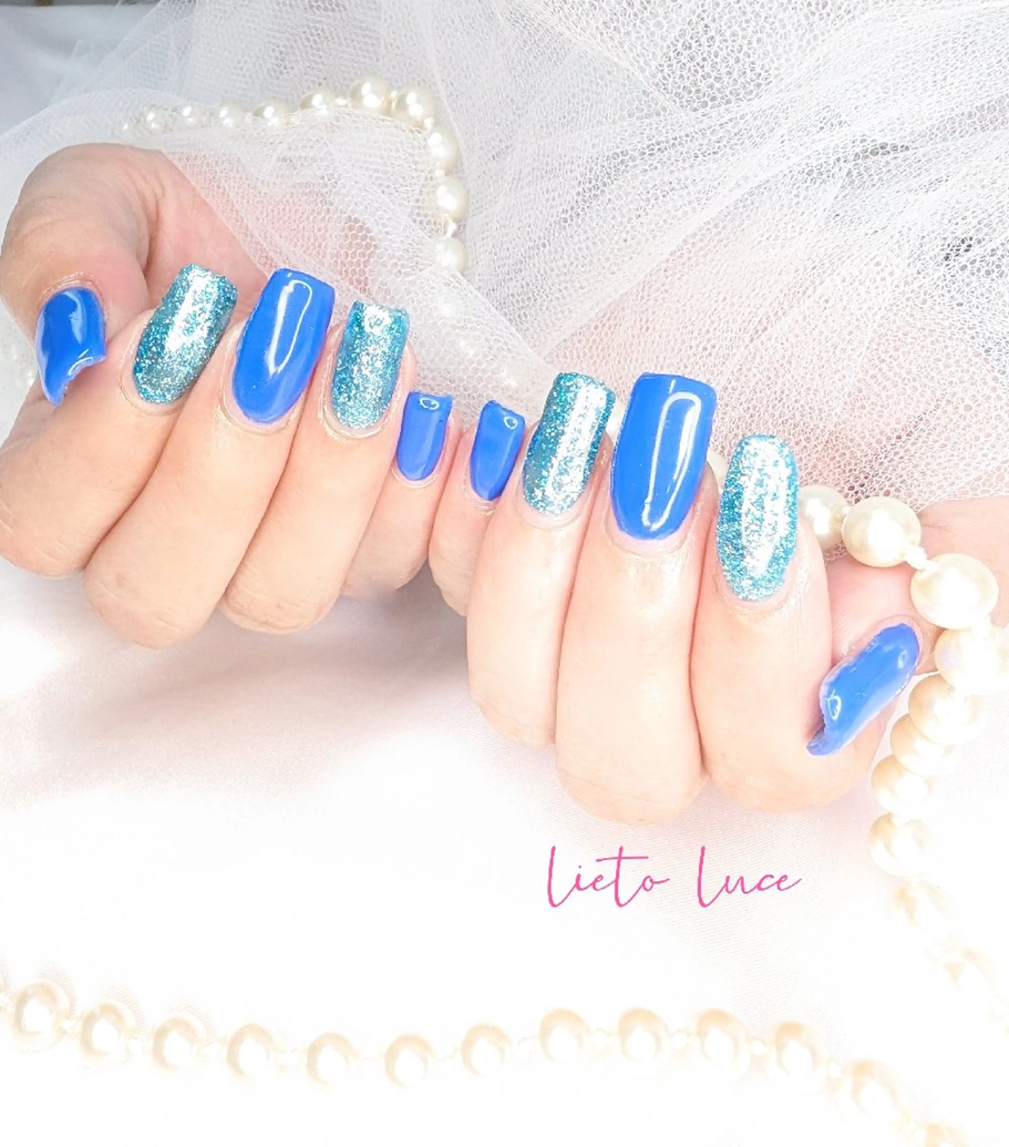 ネイル ブルー ラメ(グリッター) ハンドネイル lieto luce Yukaのネイルデザイン