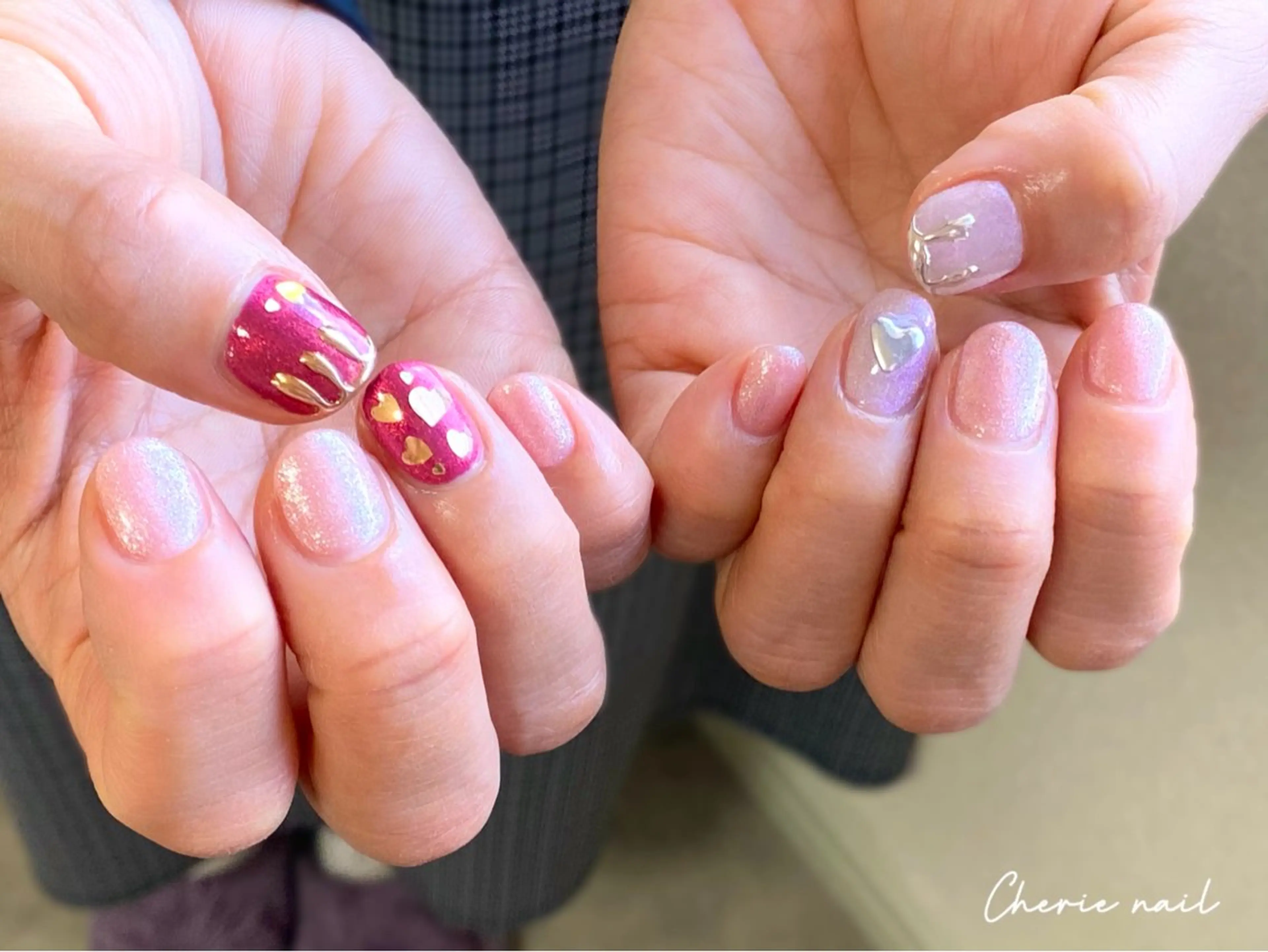 ネイル ジェルネイル ハート マグネットネイル ミラーネイル ピンク Cherienail yunaのネイルデザイン