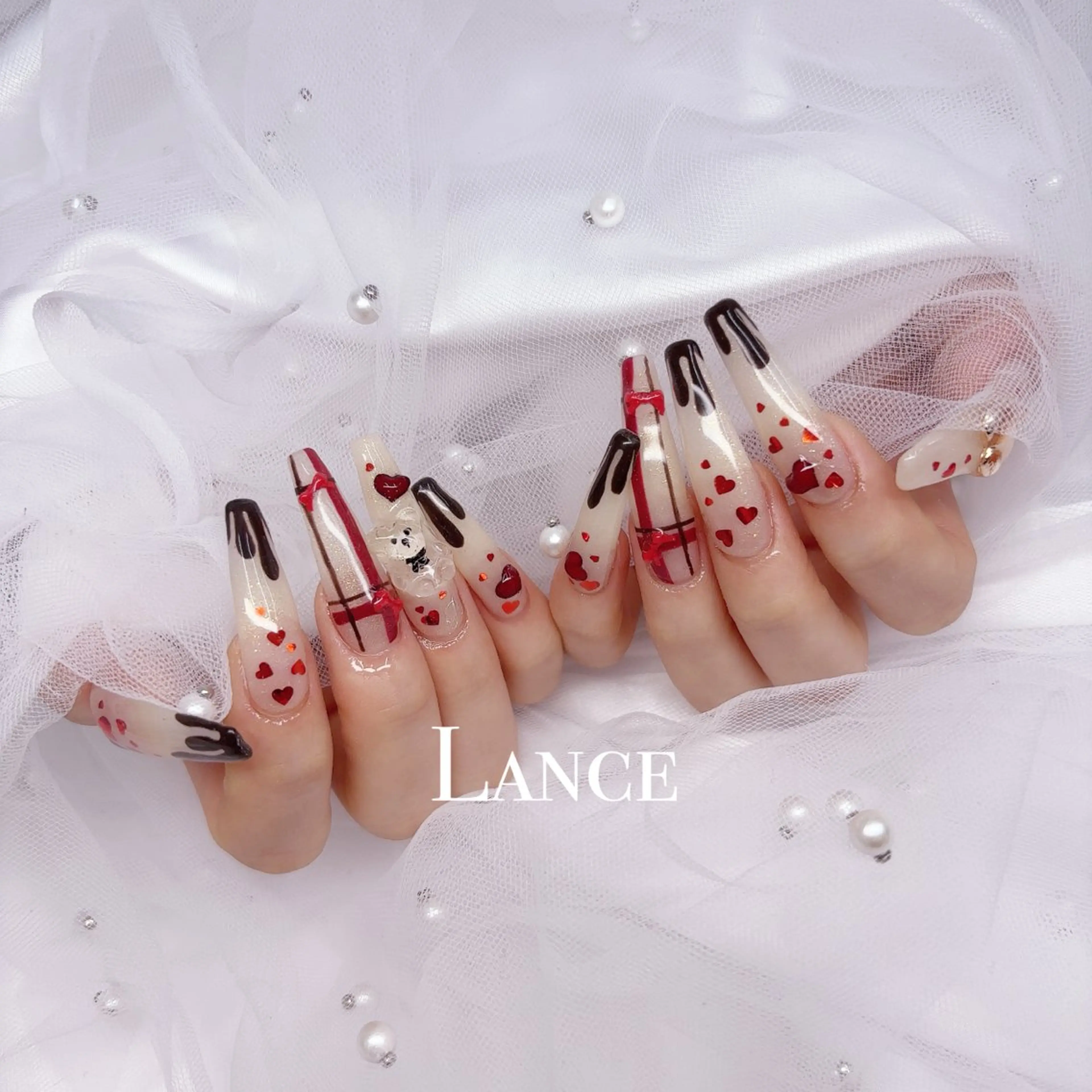 ネイル 韓国ネイル バレンタイン ワンホンネイル 冬ネイル ハンドネイル Lance nailのネイルデザイン
