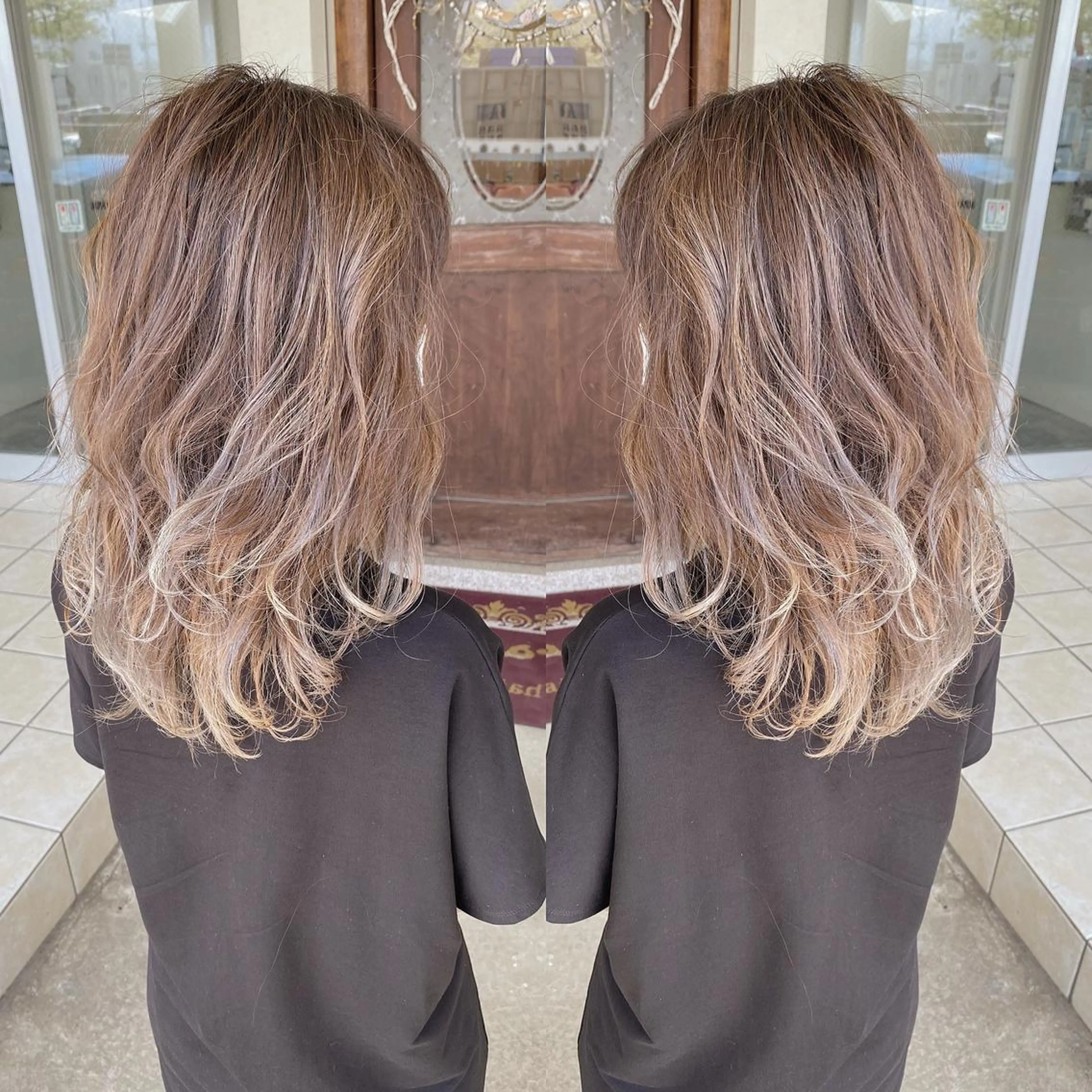 ミディアム カラー バレイヤージュ ハイライトカラー ハイライト レイヤーカット カット ヘアカラー grand juteのヘアスタイル