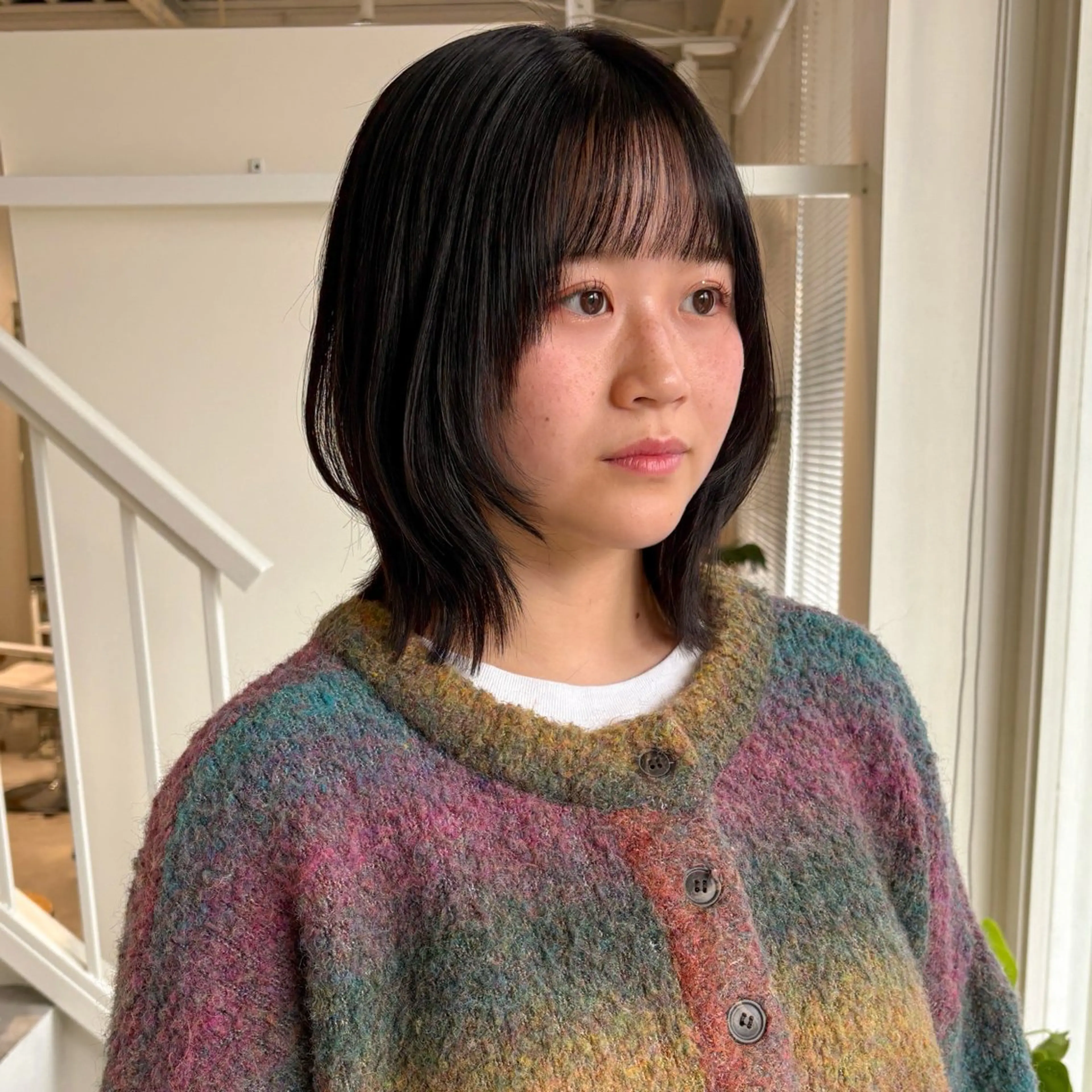 ミディアム カラー ボブレイヤー ブラウンカラー ダークブラウン ボブ レイヤーカット 安西 香利奈のヘアスタイル