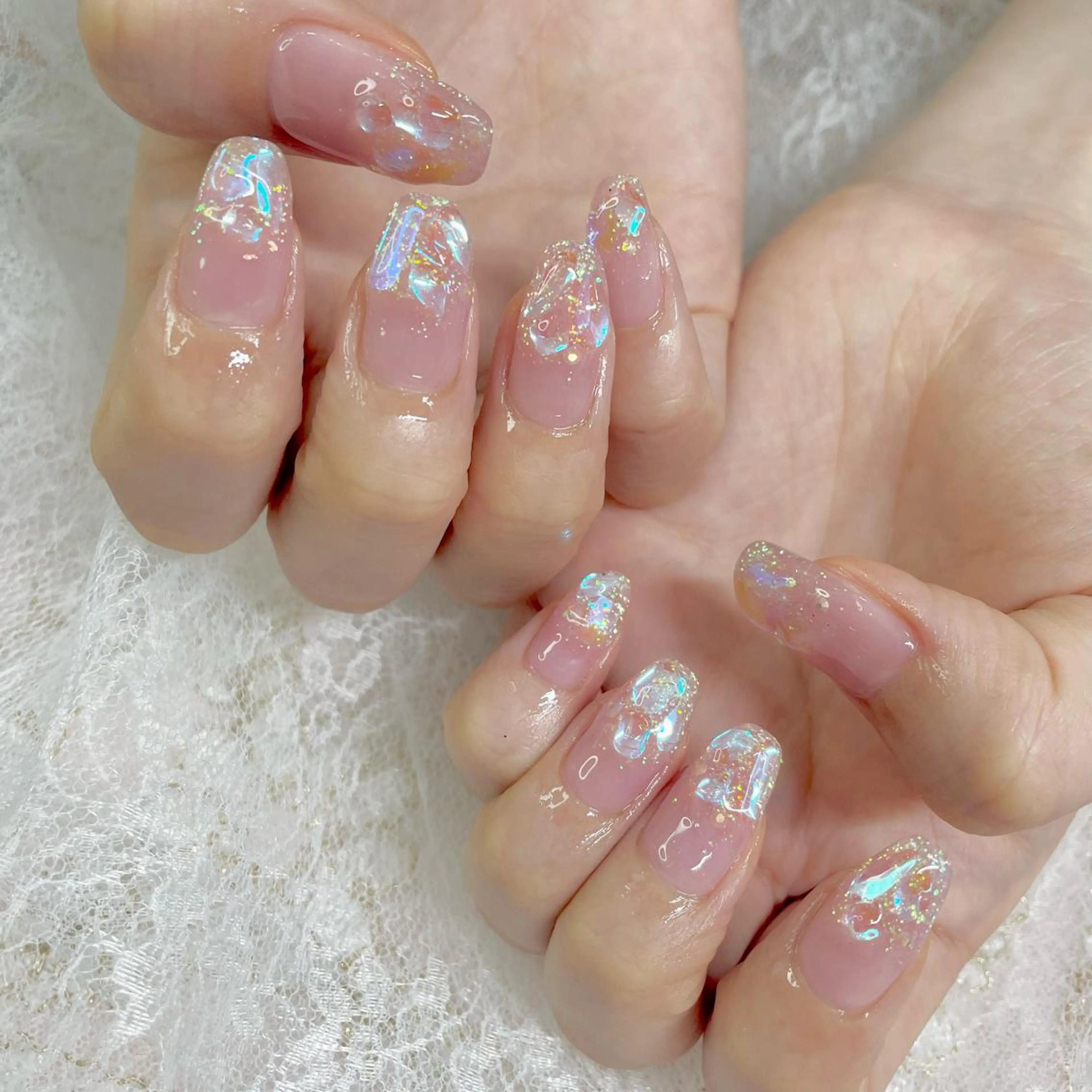 ネイル オーロラネイル チークネイル クリアネイル ジェルネイル キラキラネイル J terrace Nailのネイルデザイン
