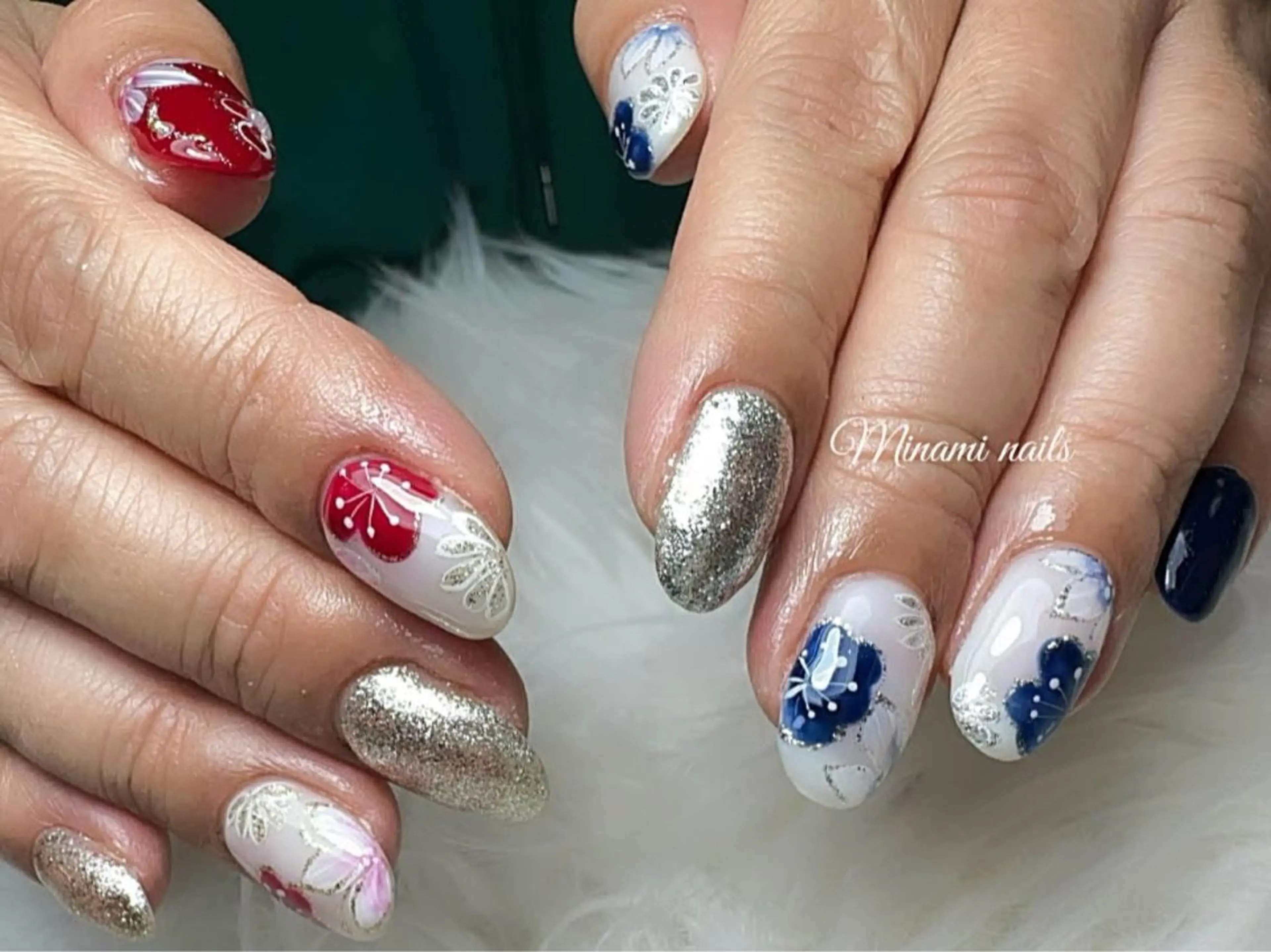 ネイル フラワーネイル ラメ(グリッター) ネイビー Minami Nailsのネイルデザイン