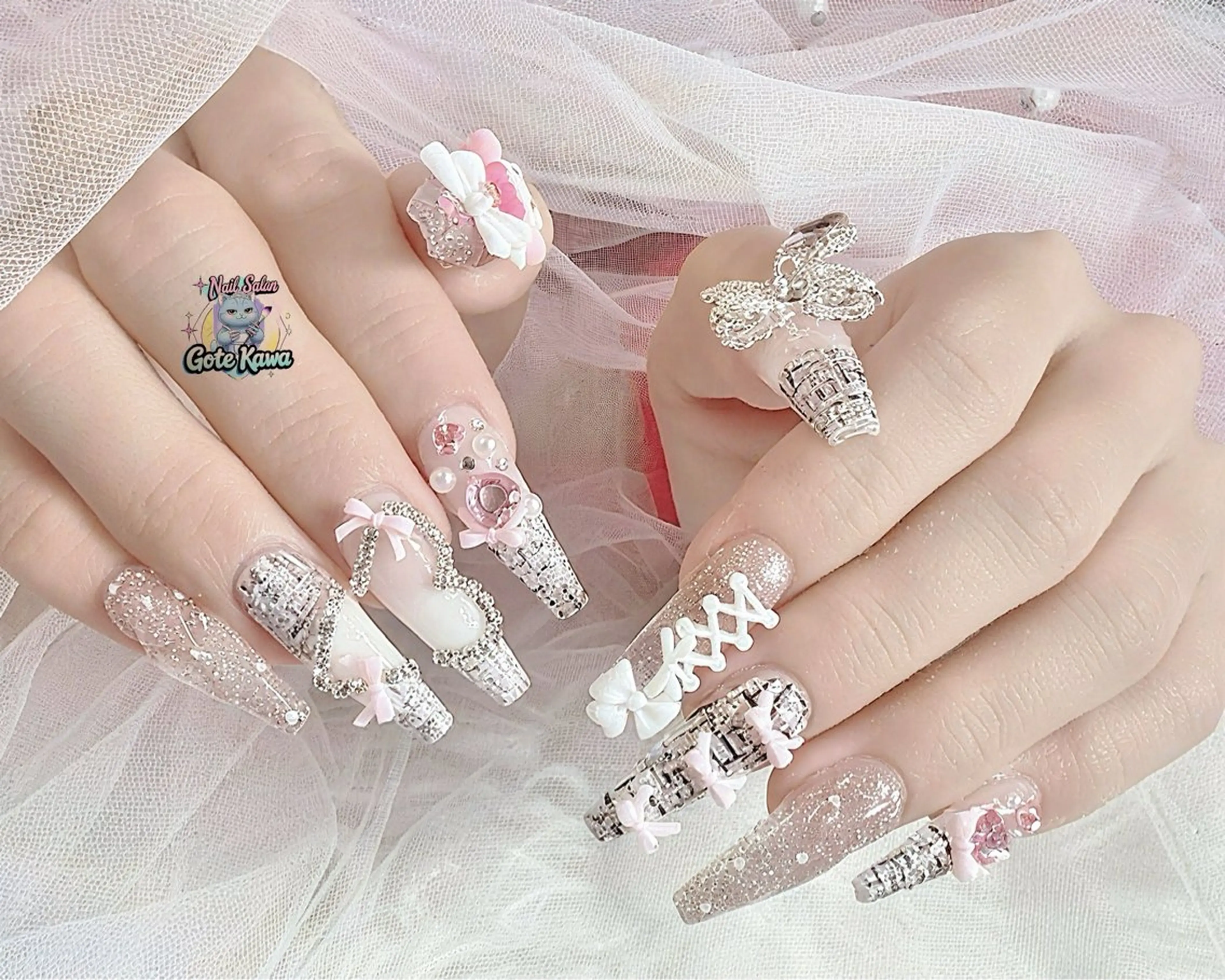 ネイル ハート リボン ツイードネイル ワンホンネイル ハンドネイル ハンドケア Gote Kawa nail salonのネイルデザイン