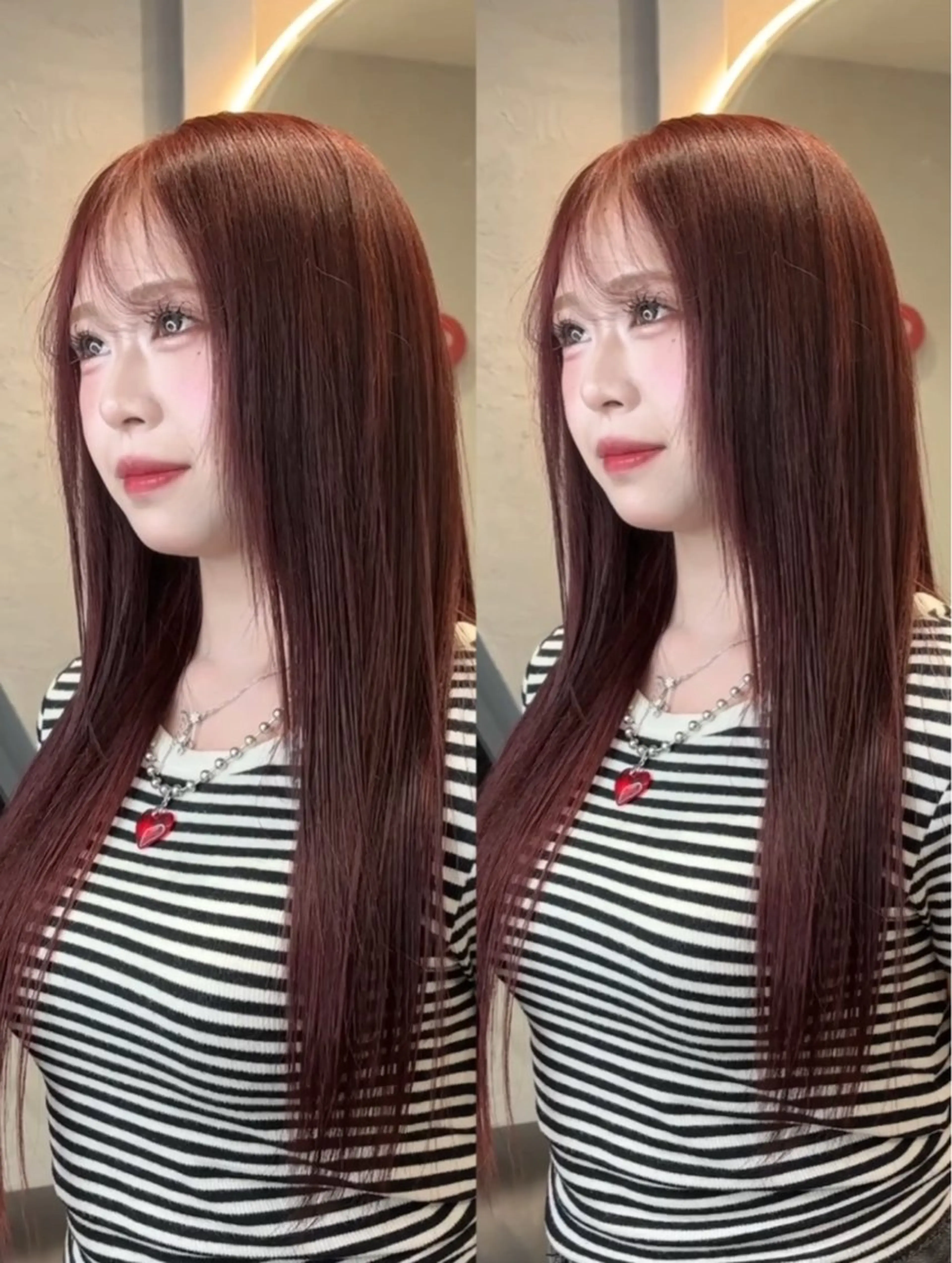 ロング ヘアカラー トリートメント ヘアセット 韓国ヘア/ブリーチ無 しWカラー/オリーブのヘアスタイル