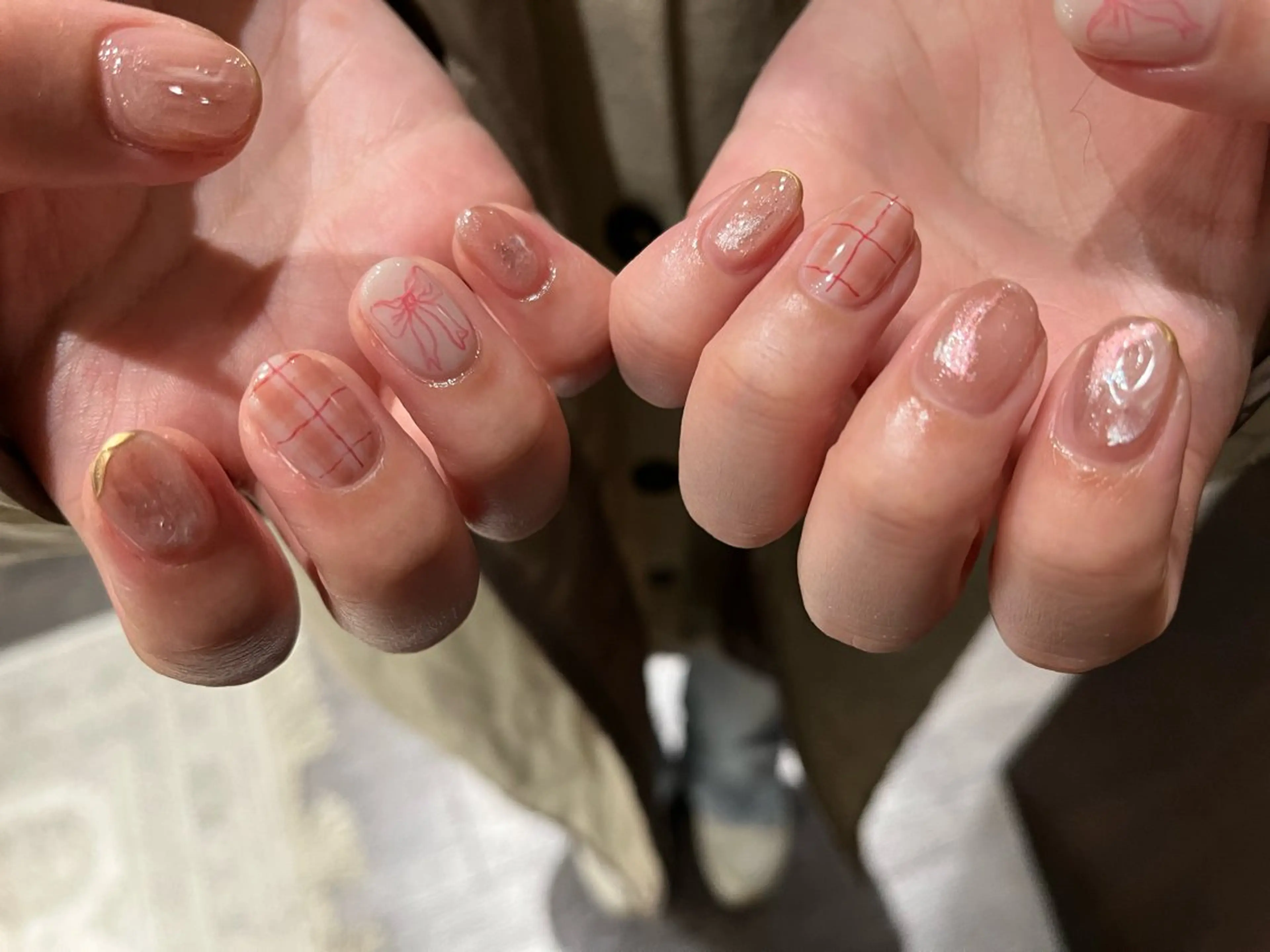 ネイル ニュアンスネイル ピンク リボン ハンドネイル Yarm As Etelのネイルデザイン