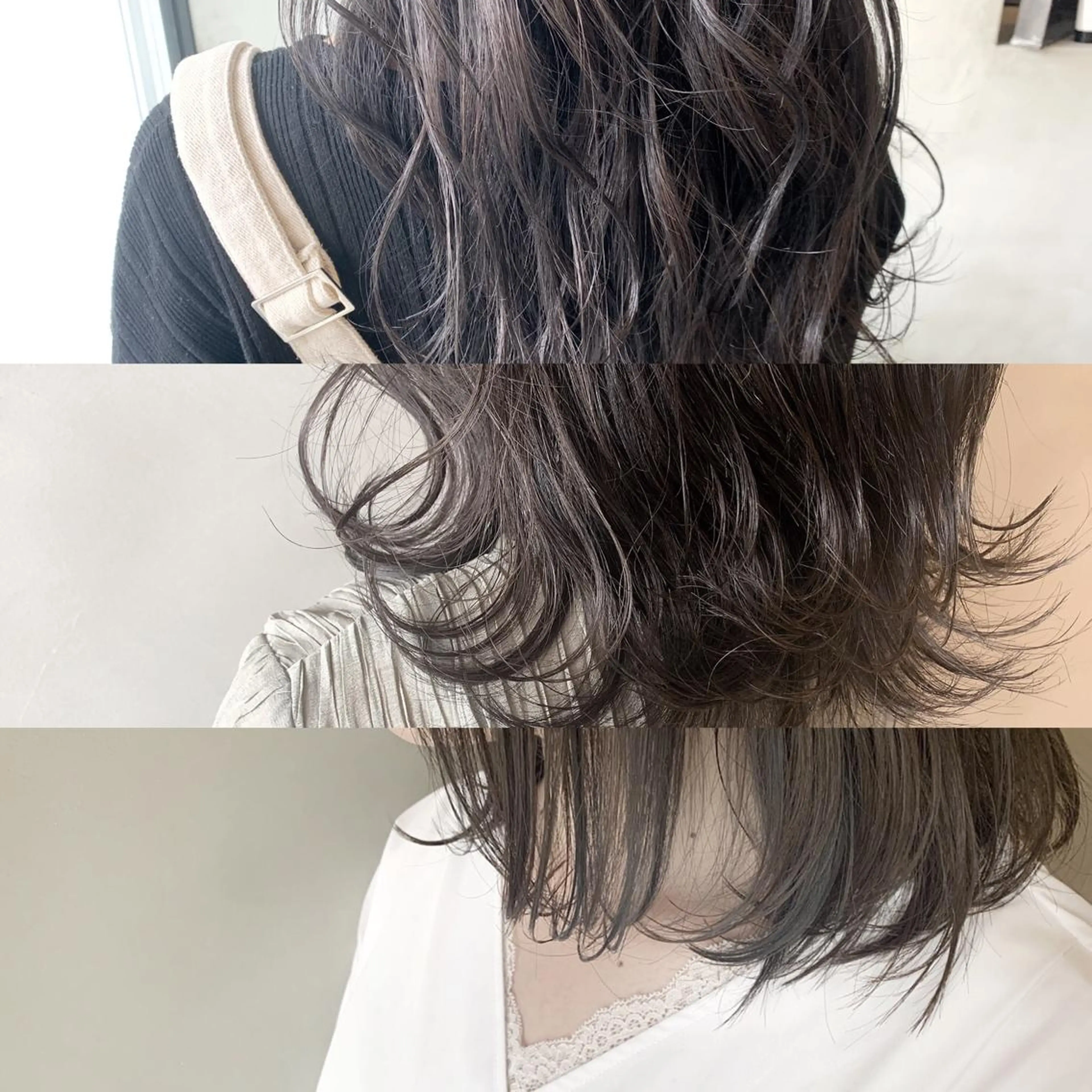 ミディアム カラー ヘアアレンジ ネイル マツエク・マツパ ミディアムパーマ アッシュ バレイヤージュ ベージュカラー 透明感カラー 夜23時まで予約🉑 reverieあきらのヘアスタイル